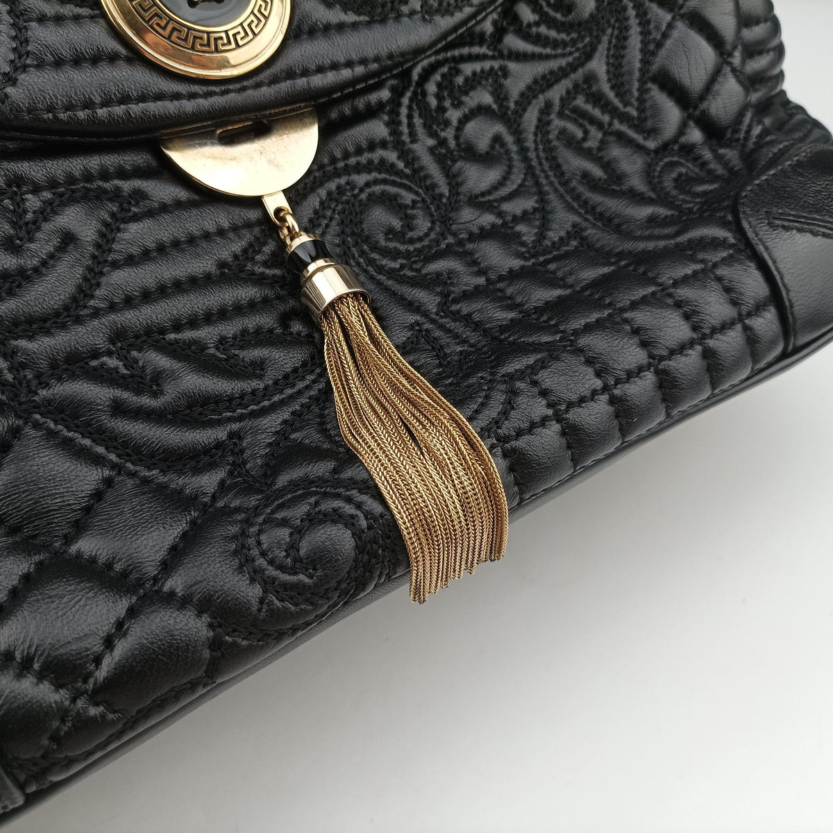 Pre-owned VERSACE Embossed Leather Talia Vanitas Black Leather  shoulderbag | stylenewstar