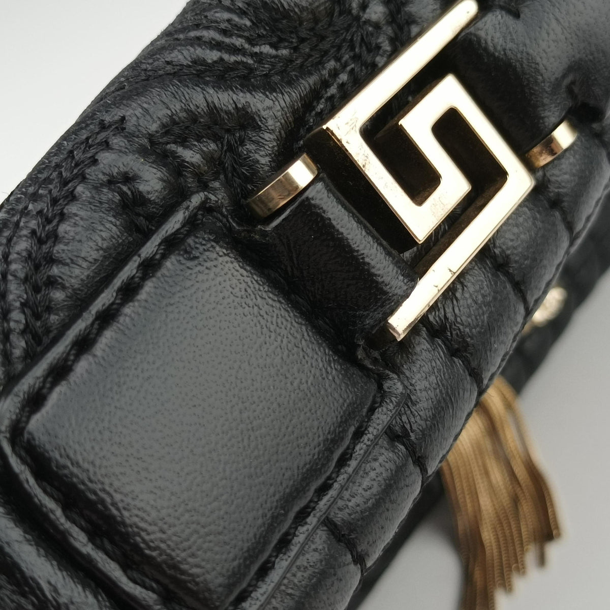 Pre-owned VERSACE Embossed Leather Talia Vanitas Black Leather  shoulderbag | stylenewstar