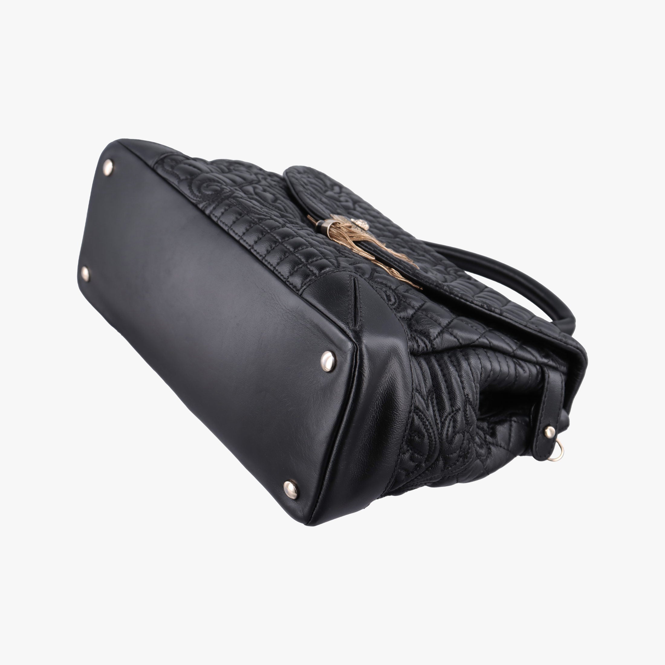 Pre-owned VERSACE Embossed Leather Talia Vanitas Black Leather  shoulderbag | stylenewstar