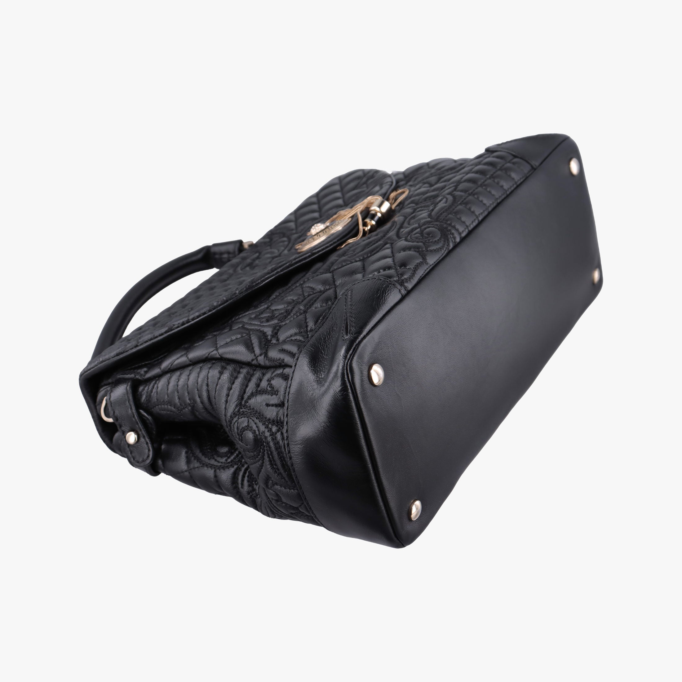 Pre-owned VERSACE Embossed Leather Talia Vanitas Black Leather  shoulderbag | stylenewstar