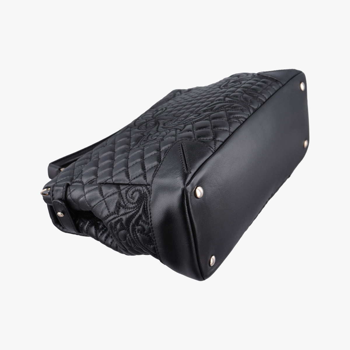 Pre-owned VERSACE Embossed Leather Talia Vanitas Black Leather  shoulderbag | stylenewstar