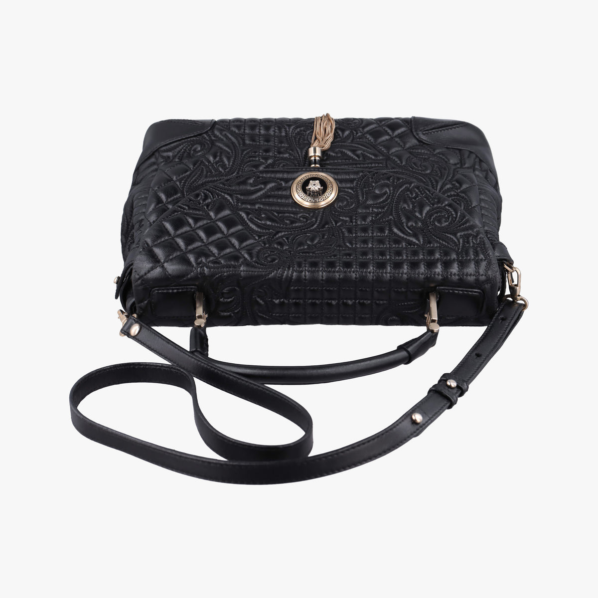 Pre-owned VERSACE Embossed Leather Talia Vanitas Black Leather  shoulderbag | stylenewstar