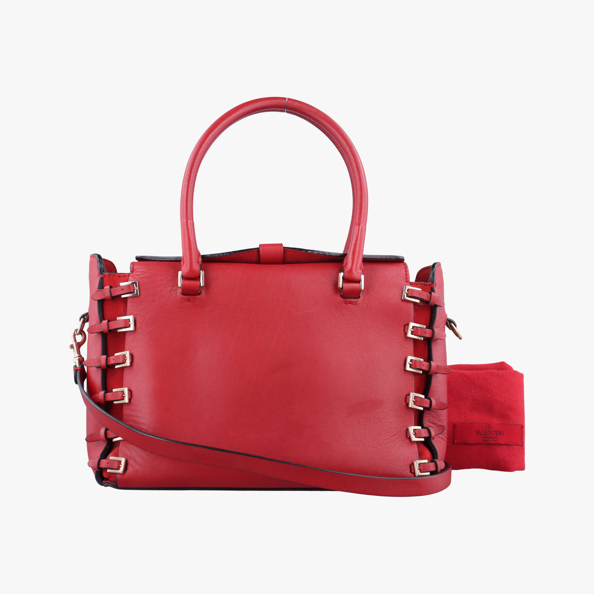 Pre-owned Valentino Buckle Strappy Satchel Red Leather  shoulderbag | stylenewstar