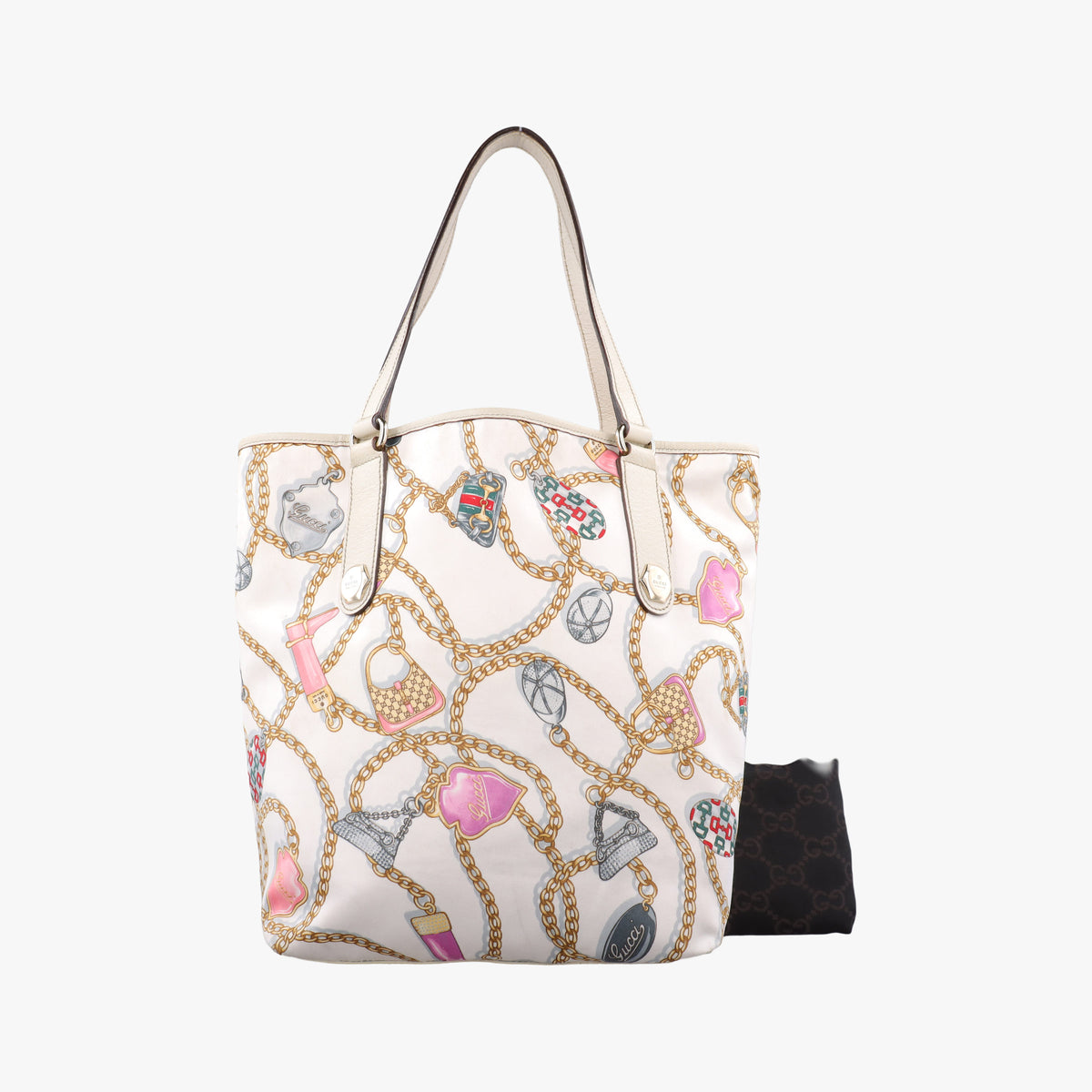 Pre-owned Gucci Chain Pattern Tote White Satin 153009 handbag | stylenewstar