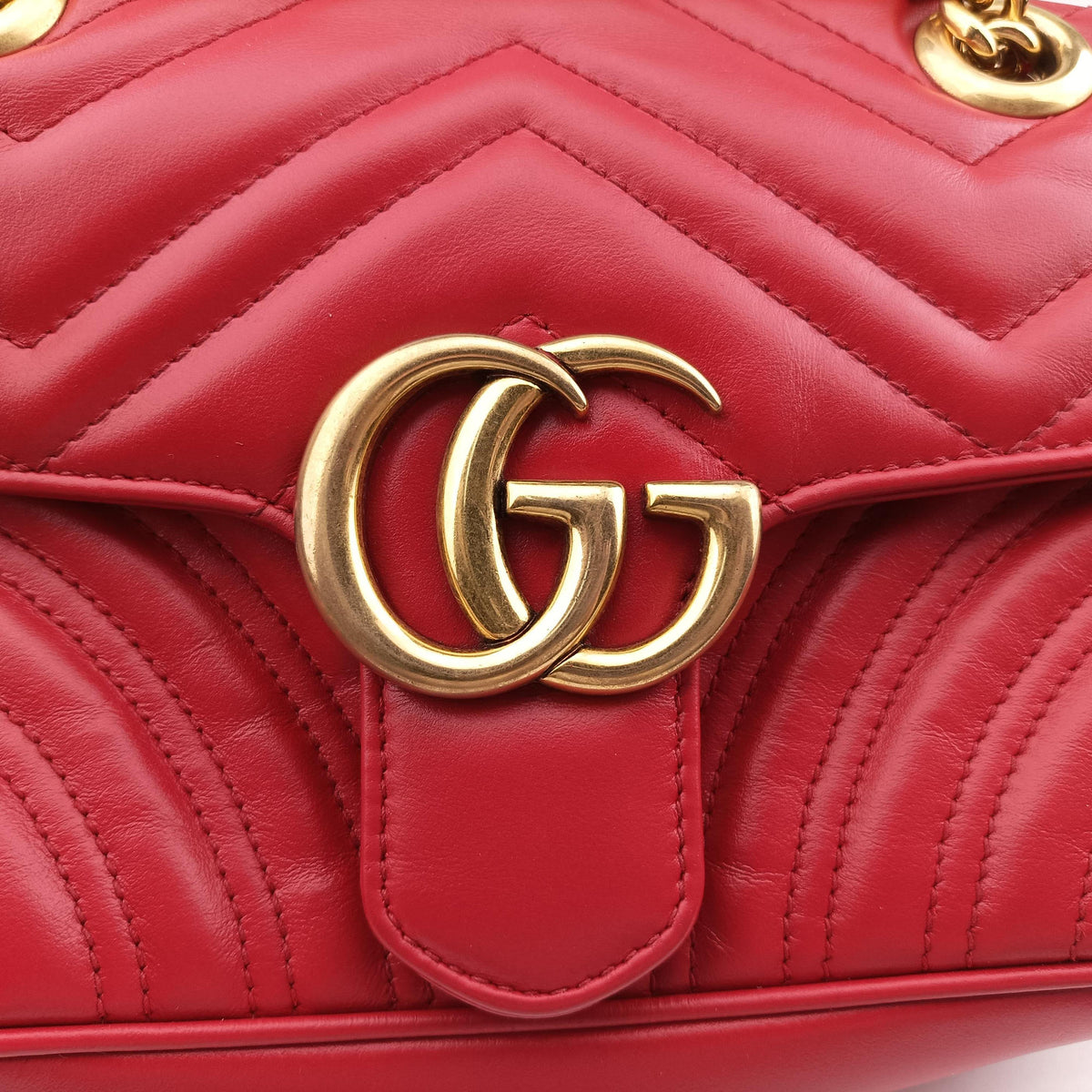Pre-owned Gucci GG Marmont Red Leather 446744 shoulderbag | stylenewstar