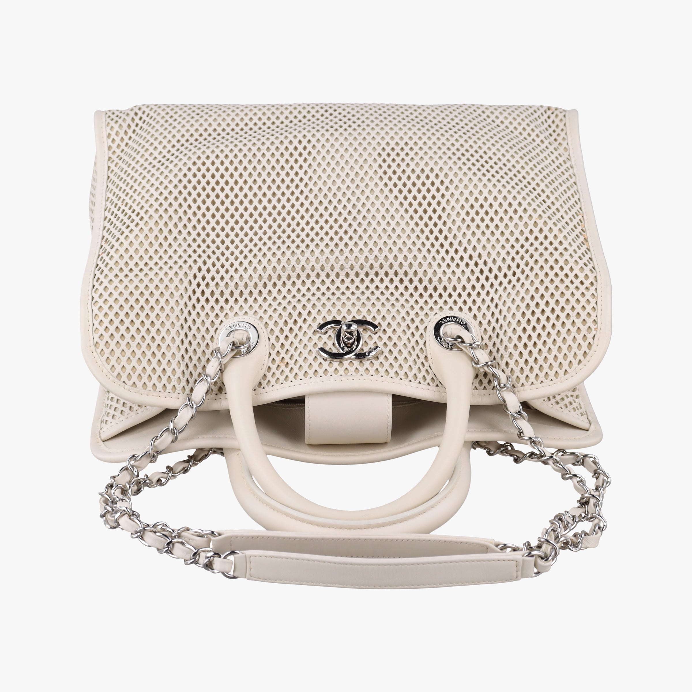 Pre-owned Chanel Up in the Air Perforated French Riviera  White lambskin A67654 shoulderbag | stylenewstar