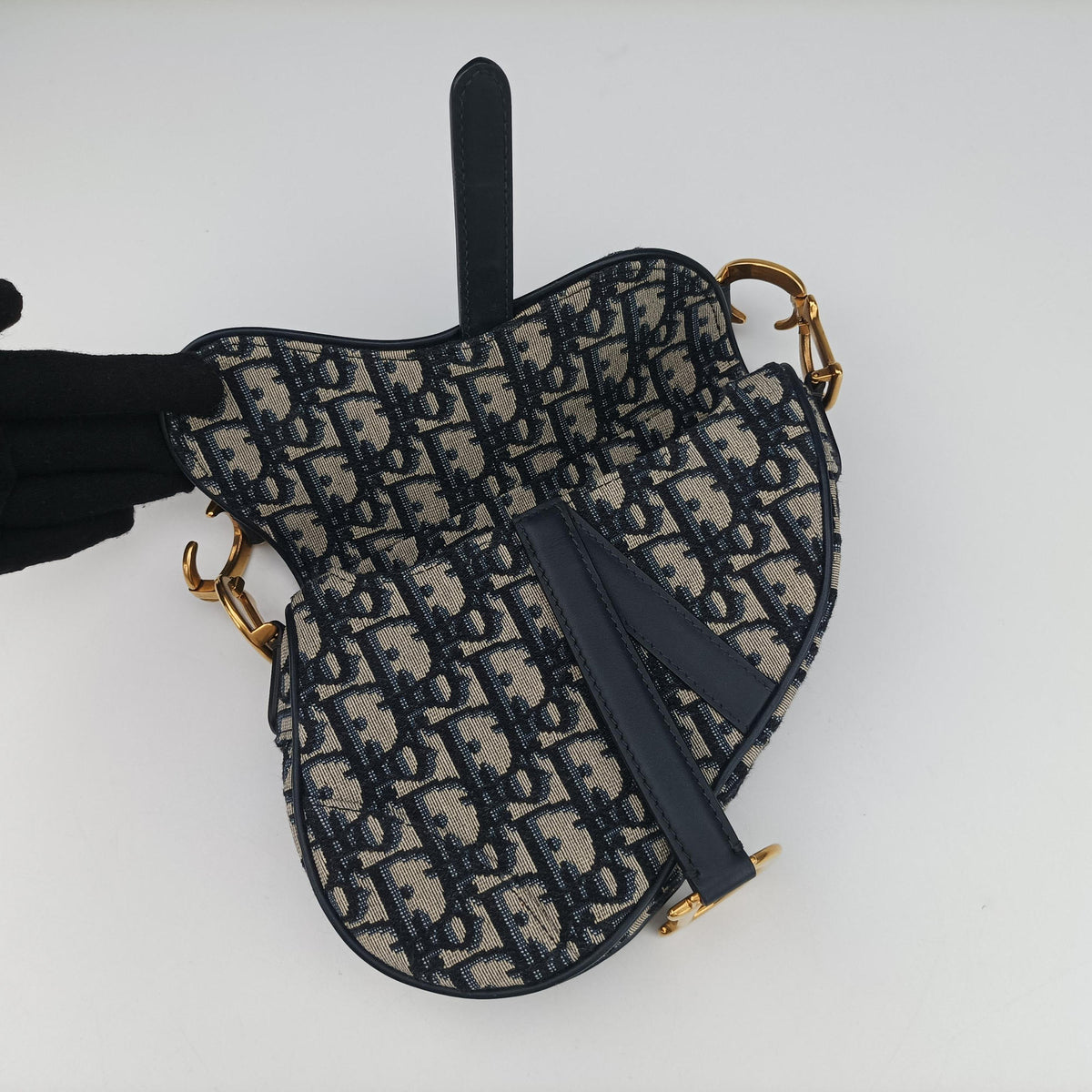 Secondhand Christian Dior Saddle Navy×grey Jacquard × Leather  shoulderbag | stylenewstar