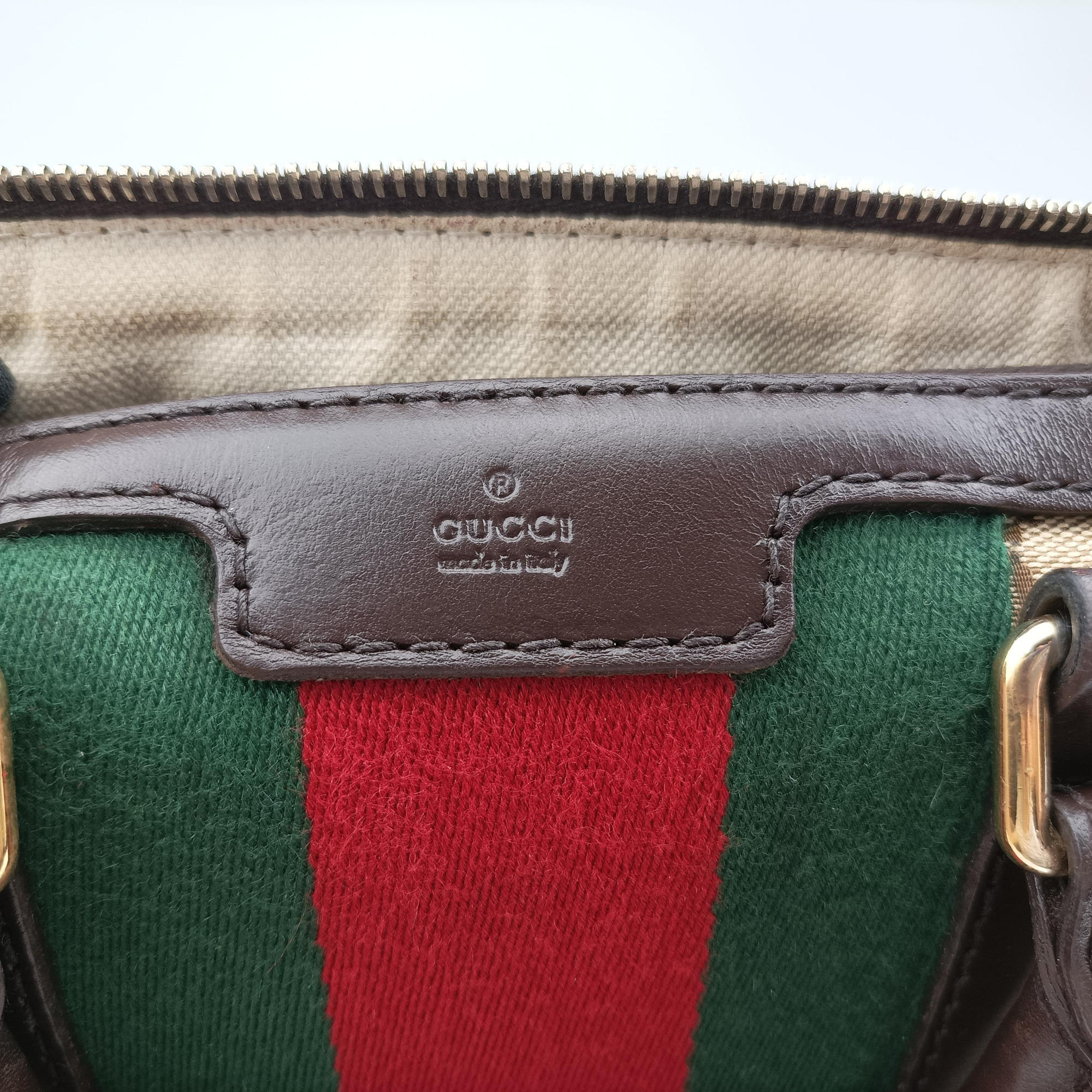 Pre-owned Gucci Sherry Line Beige×green×red Canvas×Leather 247205 shoulderbag | stylenewstar