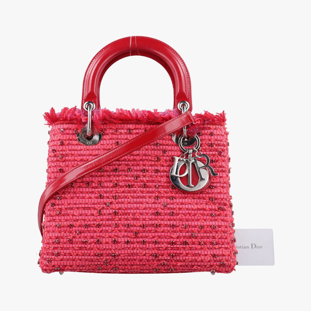 Secondhand Christian Dior Lady Dior Heart Crystal Cannage Fringe Red×Multicolour Tweed×Enamel  shoulderbag | stylenewstar
