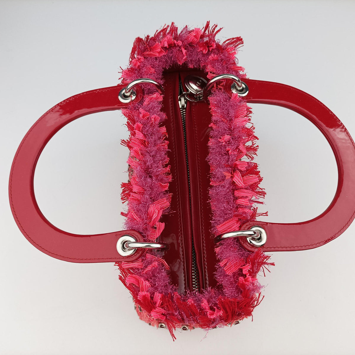 Secondhand Christian Dior Lady Dior Heart Crystal Cannage Fringe Red×Multicolour Tweed×Enamel  shoulderbag | stylenewstar