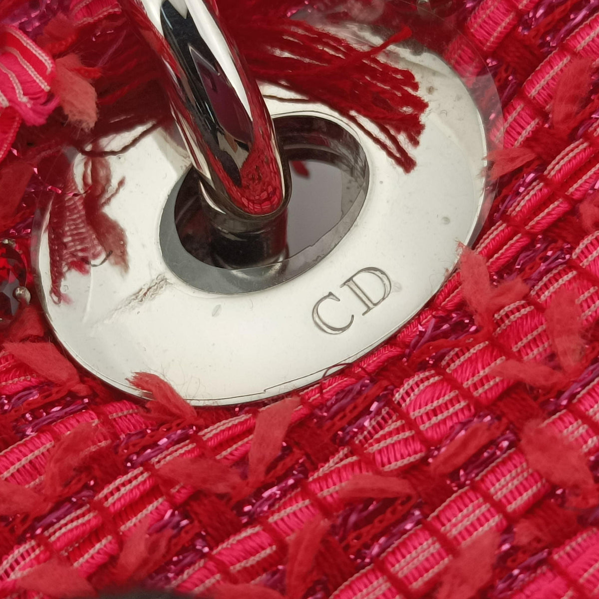 Secondhand Christian Dior Lady Dior Heart Crystal Cannage Fringe Red×Multicolour Tweed×Enamel  shoulderbag | stylenewstar
