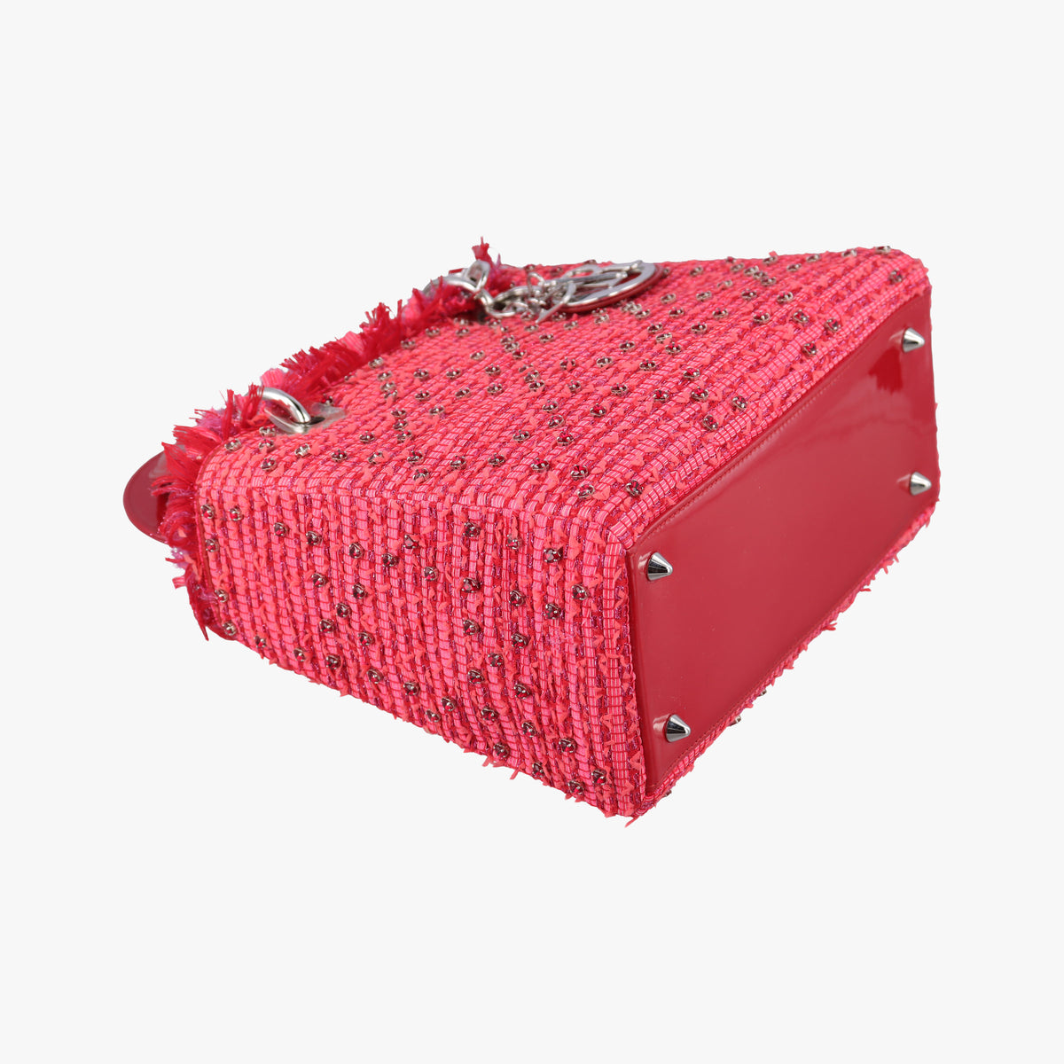 Secondhand Christian Dior Lady Dior Heart Crystal Cannage Fringe Red×Multicolour Tweed×Enamel  shoulderbag | stylenewstar