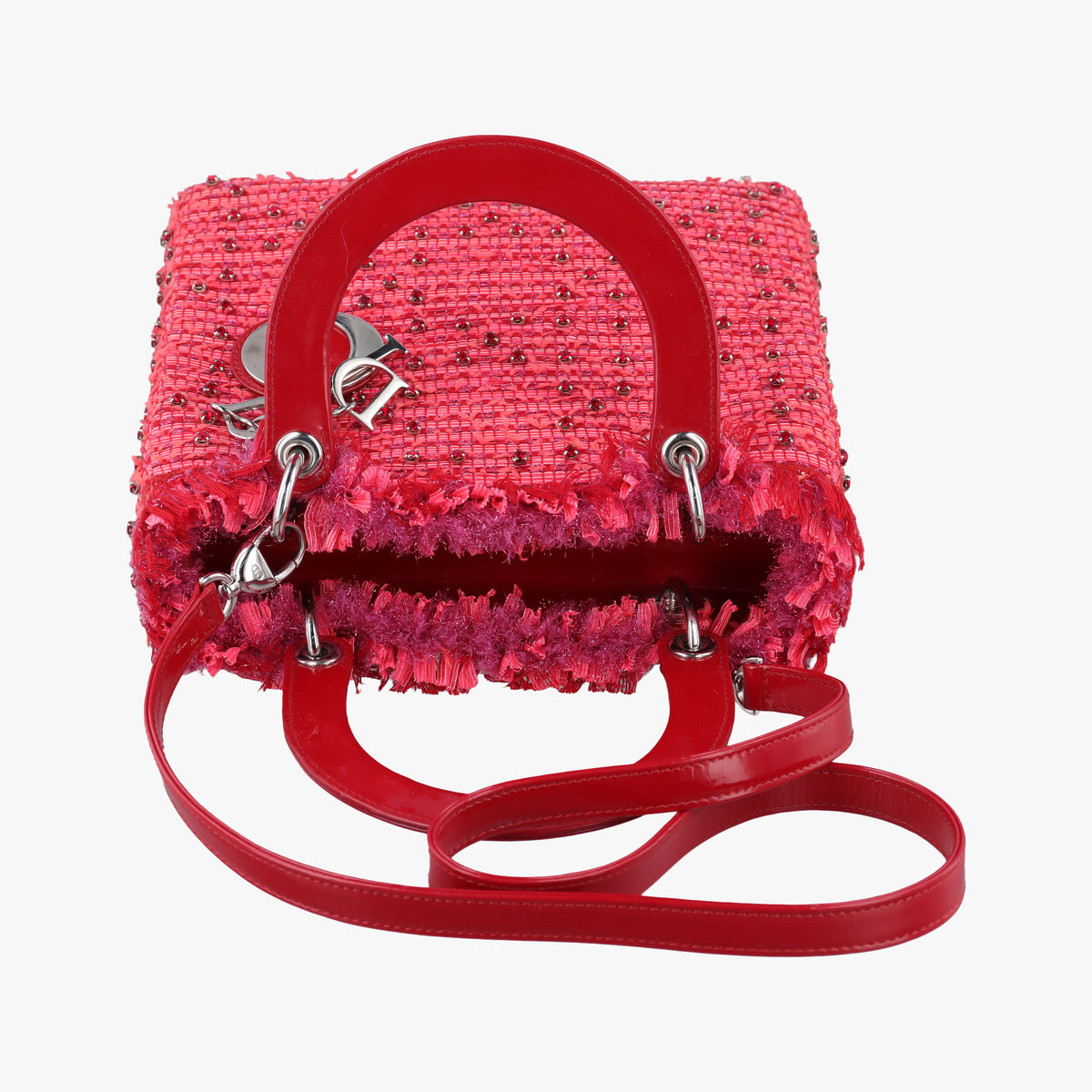 Secondhand Christian Dior Lady Dior Heart Crystal Cannage Fringe Red×Multicolour Tweed×Enamel  shoulderbag | stylenewstar