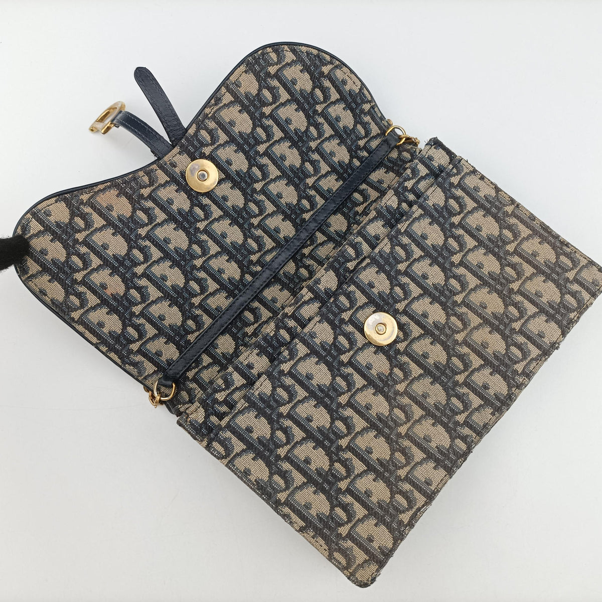 Pre-owned Christian Dior Saddle Navy×Gray jacquard×Leather  shoulderbag | stylenewstar