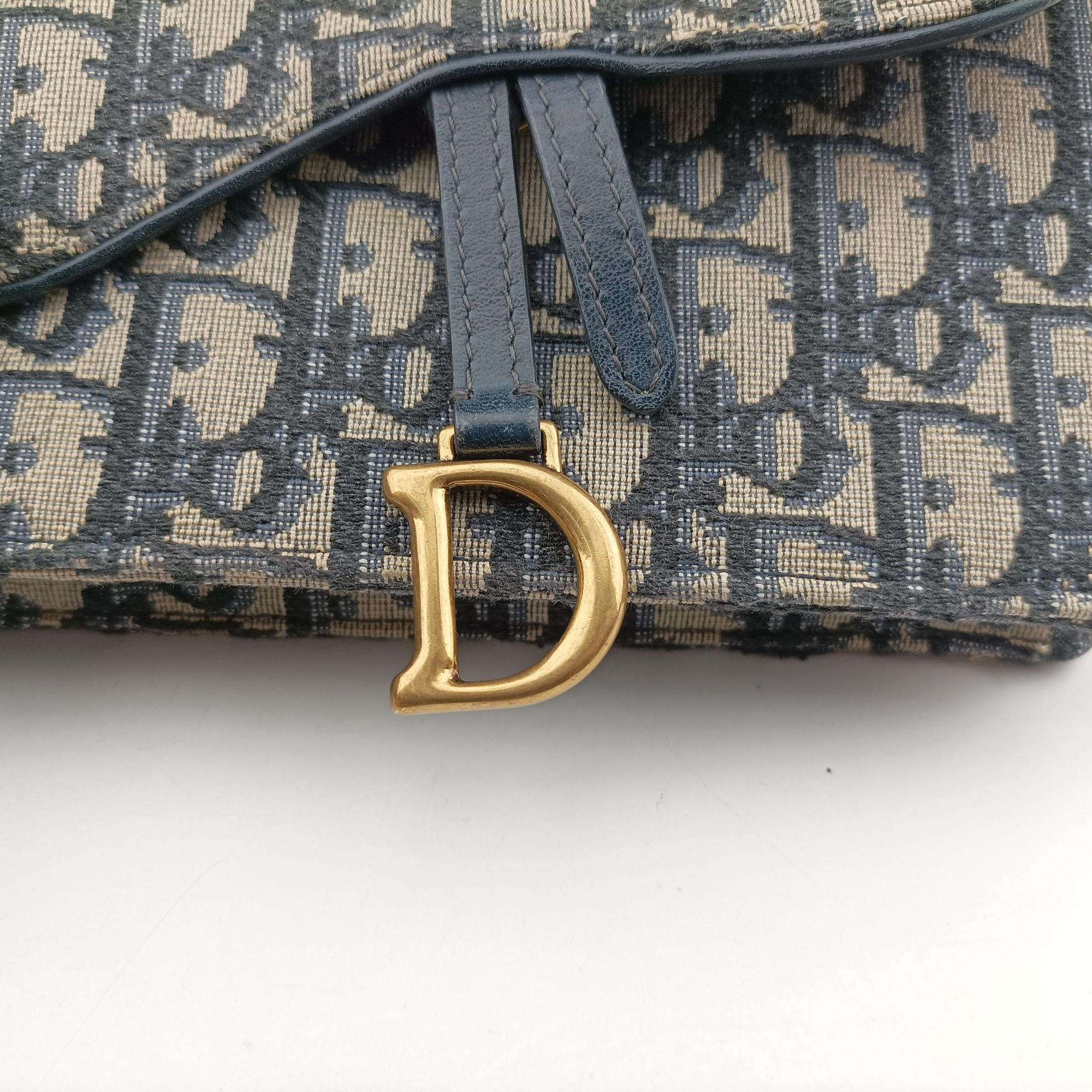 Pre-owned Christian Dior Saddle Navy×Gray Jacquard x Leather  shoulderbag | stylenewstar