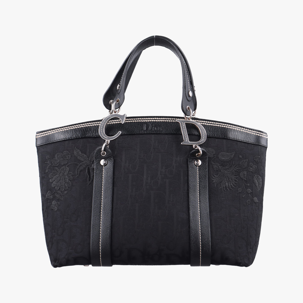 Vintage Christian Dior Trotter Flower Tote Black canvas×Leather  handbag | stylenewstar