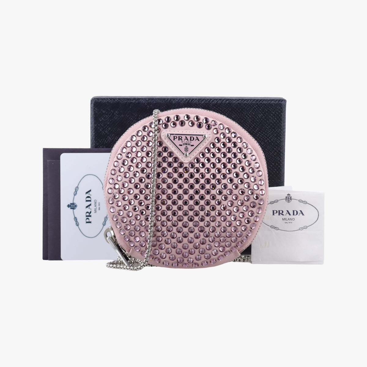 Pre-owned Prada crystal-embellished round Pink silk x Rhinestone 1NR003 shoulderbag | stylenewstar