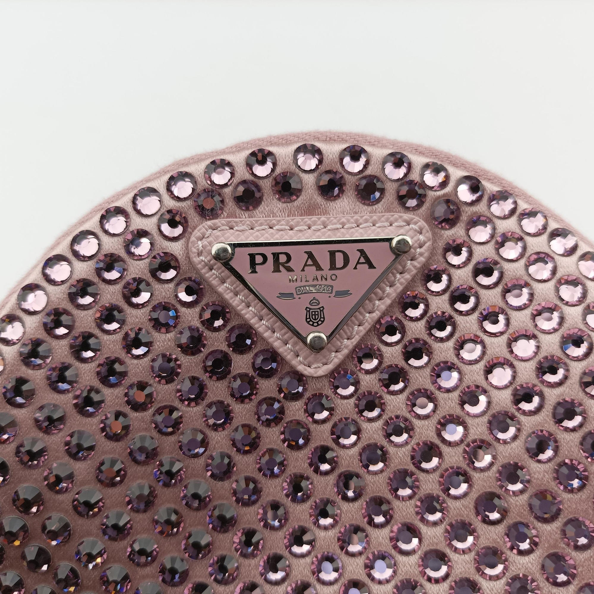 Pre-owned Prada crystal-embellished round Pink silk x Rhinestone 1NR003 shoulderbag | stylenewstar