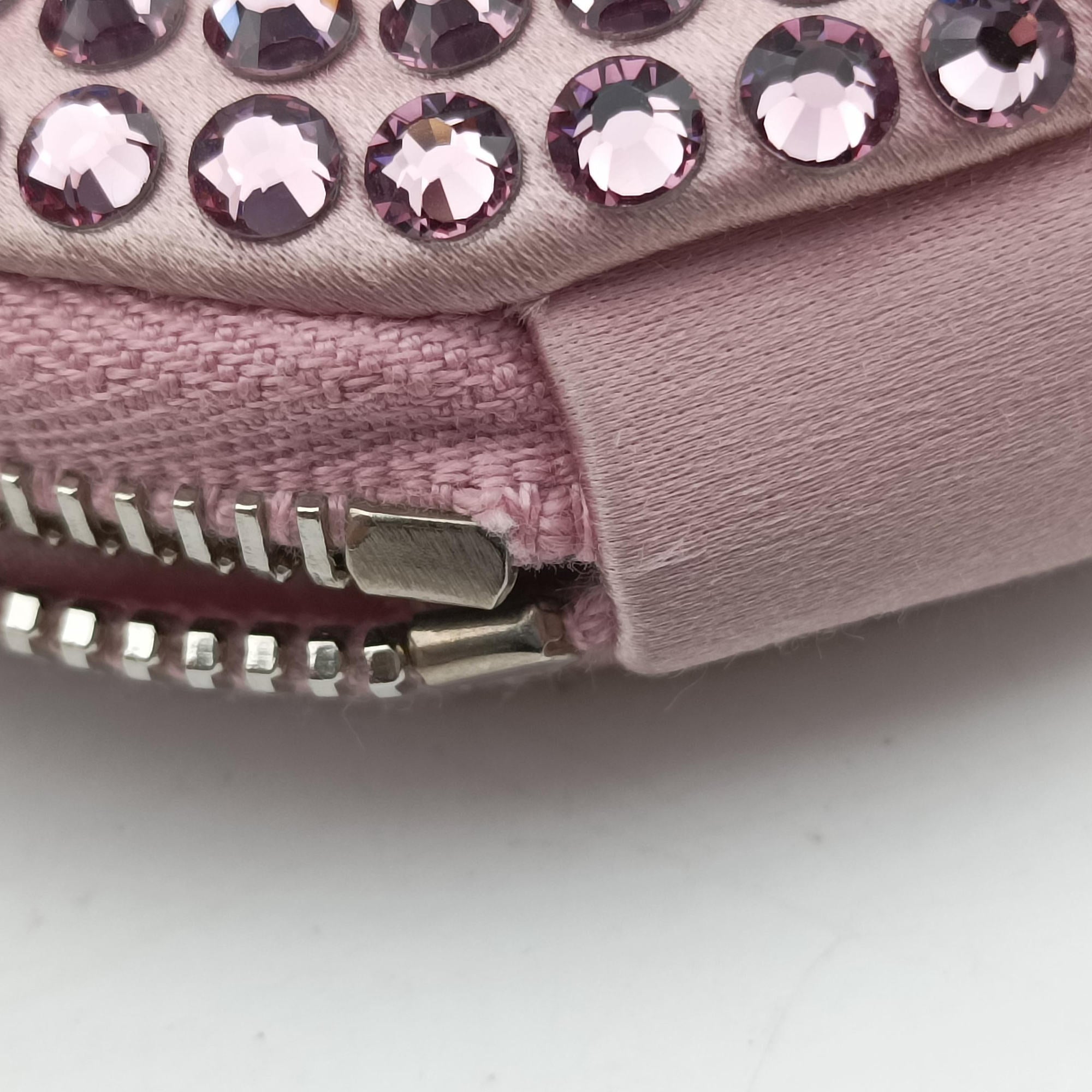 Pre-owned Prada crystal-embellished round Pink silk x Rhinestone 1NR003 shoulderbag | stylenewstar