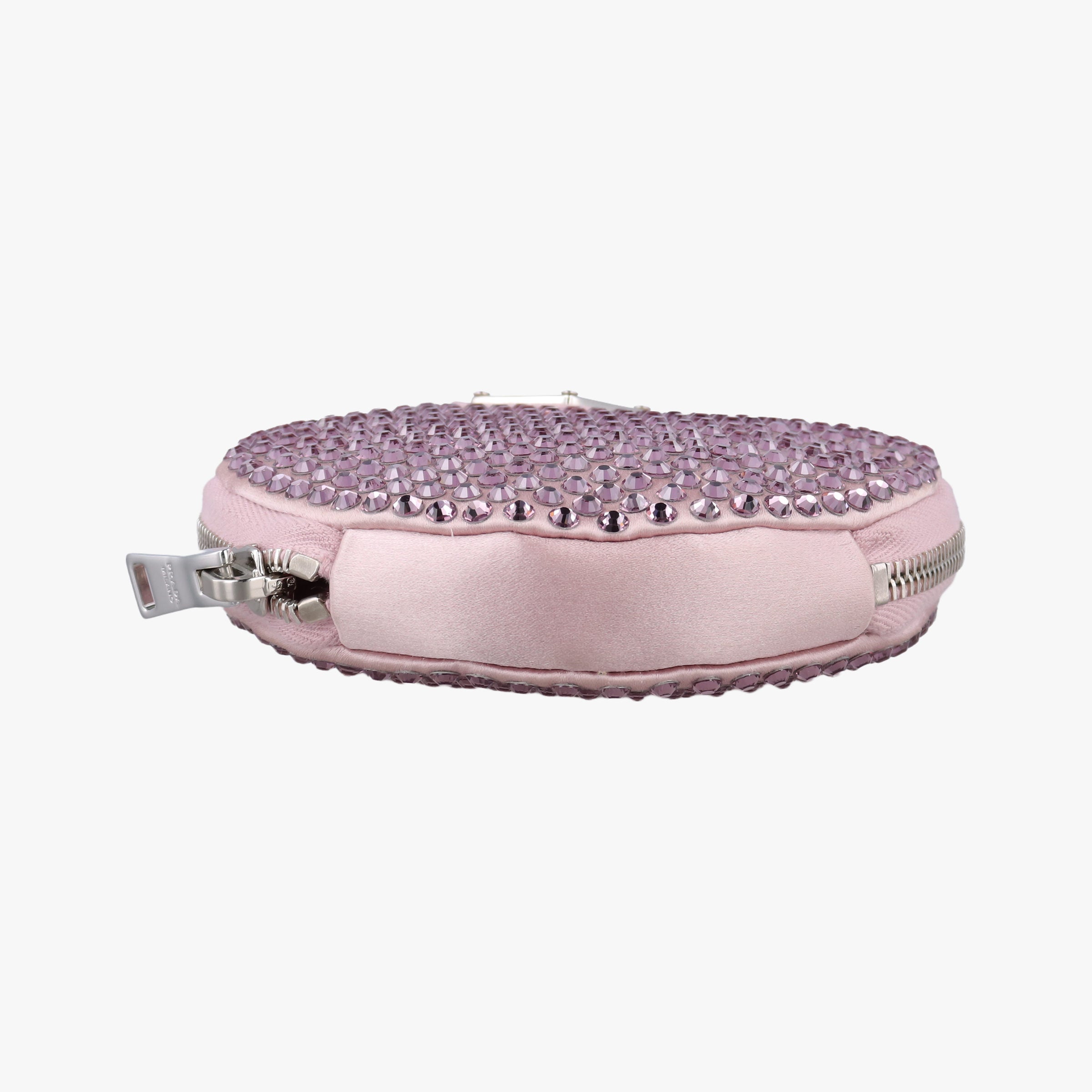 Pre-owned Prada crystal-embellished round Pink silk x Rhinestone 1NR003 shoulderbag | stylenewstar