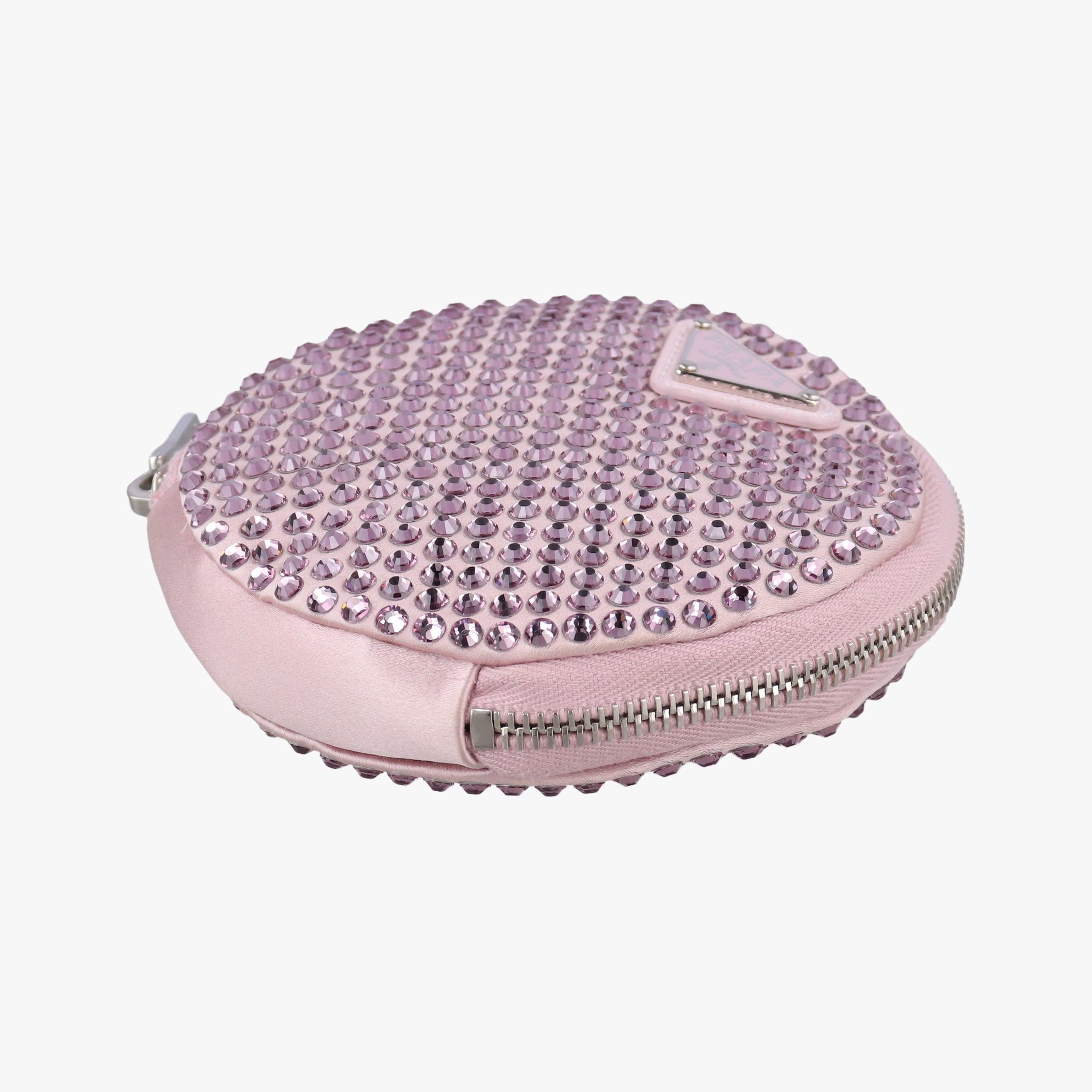 Pre-owned Prada crystal-embellished round Pink silk x Rhinestone 1NR003 shoulderbag | stylenewstar
