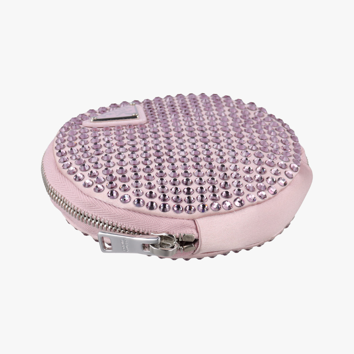 Pre-owned Prada crystal-embellished round Pink silk x Rhinestone 1NR003 shoulderbag | stylenewstar