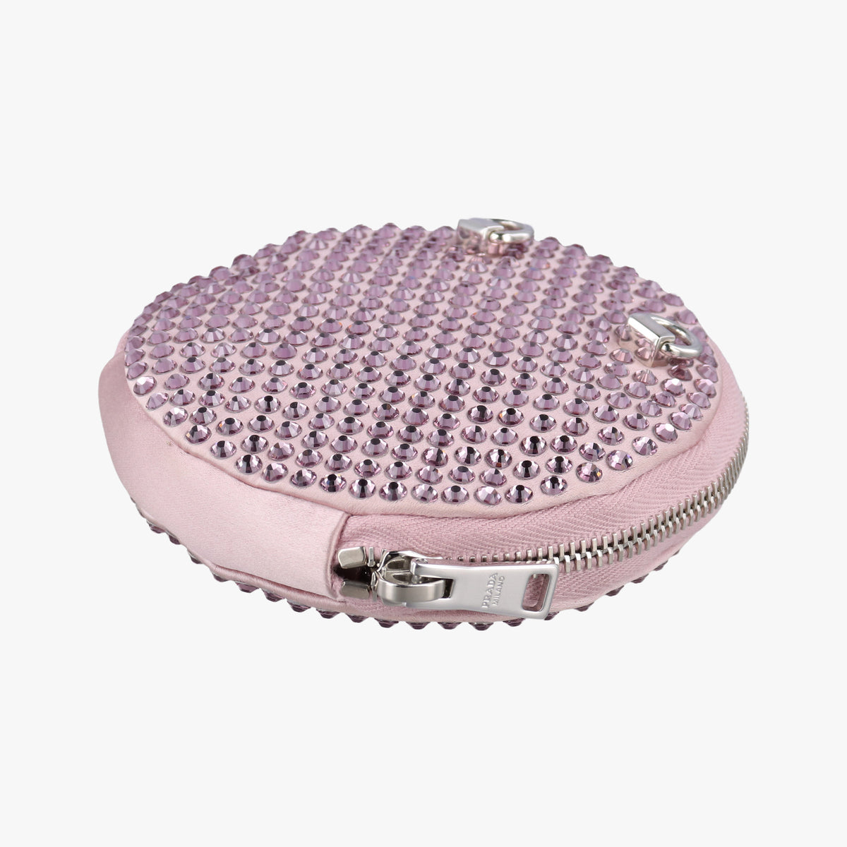 Pre-owned Prada crystal-embellished round Pink silk x Rhinestone 1NR003 shoulderbag | stylenewstar