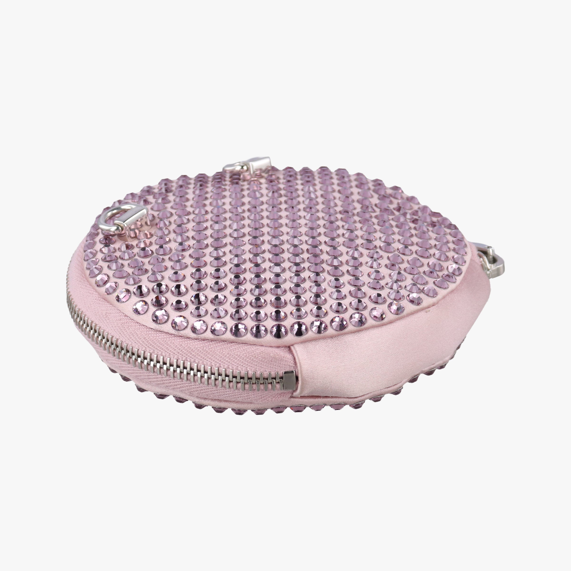 Pre-owned Prada crystal-embellished round Pink silk x Rhinestone 1NR003 shoulderbag | stylenewstar
