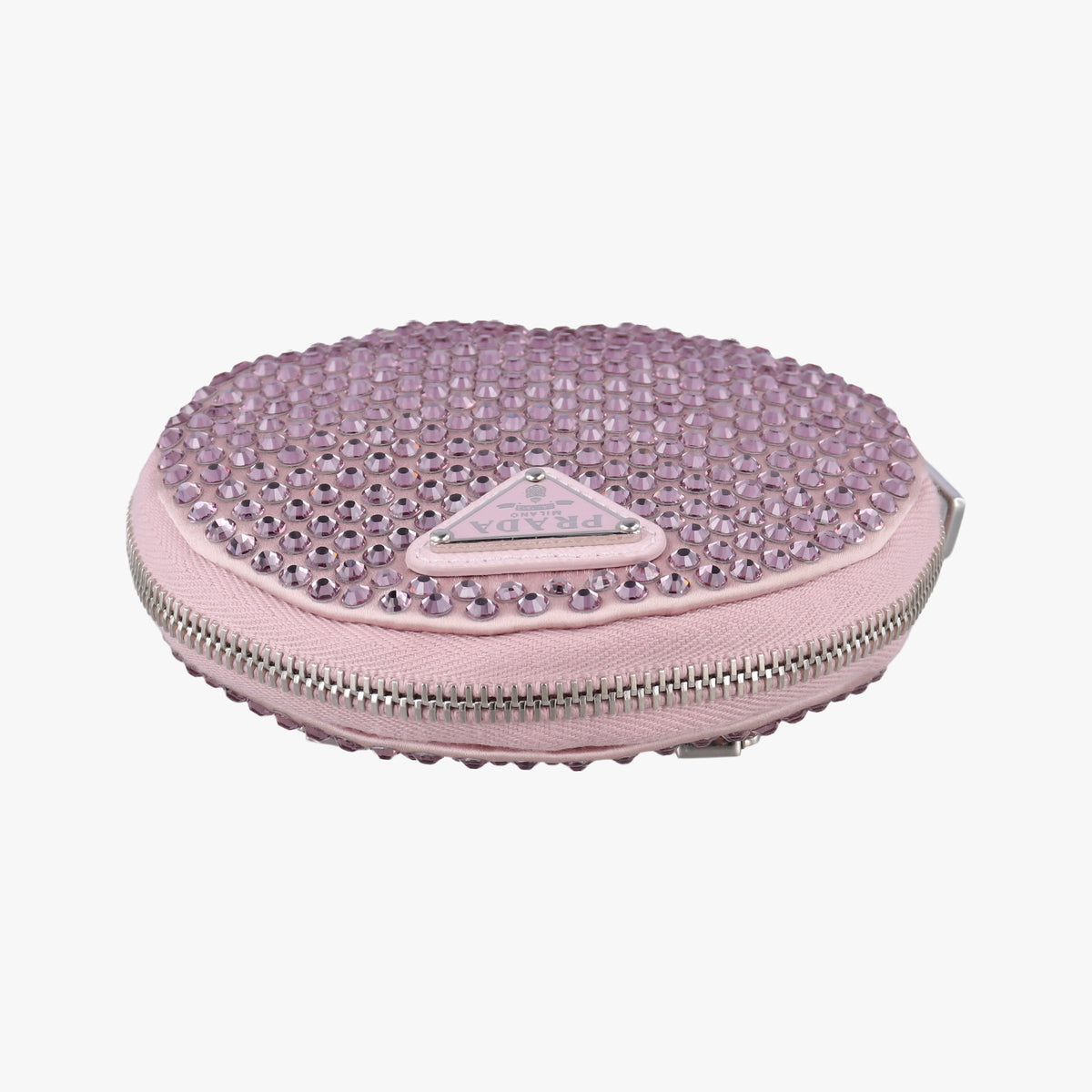 Pre-owned Prada crystal-embellished round Pink silk x Rhinestone 1NR003 shoulderbag | stylenewstar