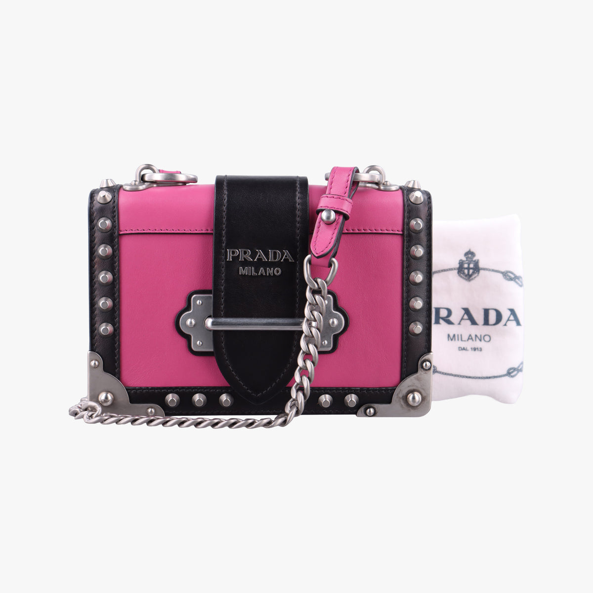 Pre-owned Prada Cahier pink×Black Leather 1BH018 shoulderbag | stylenewstar