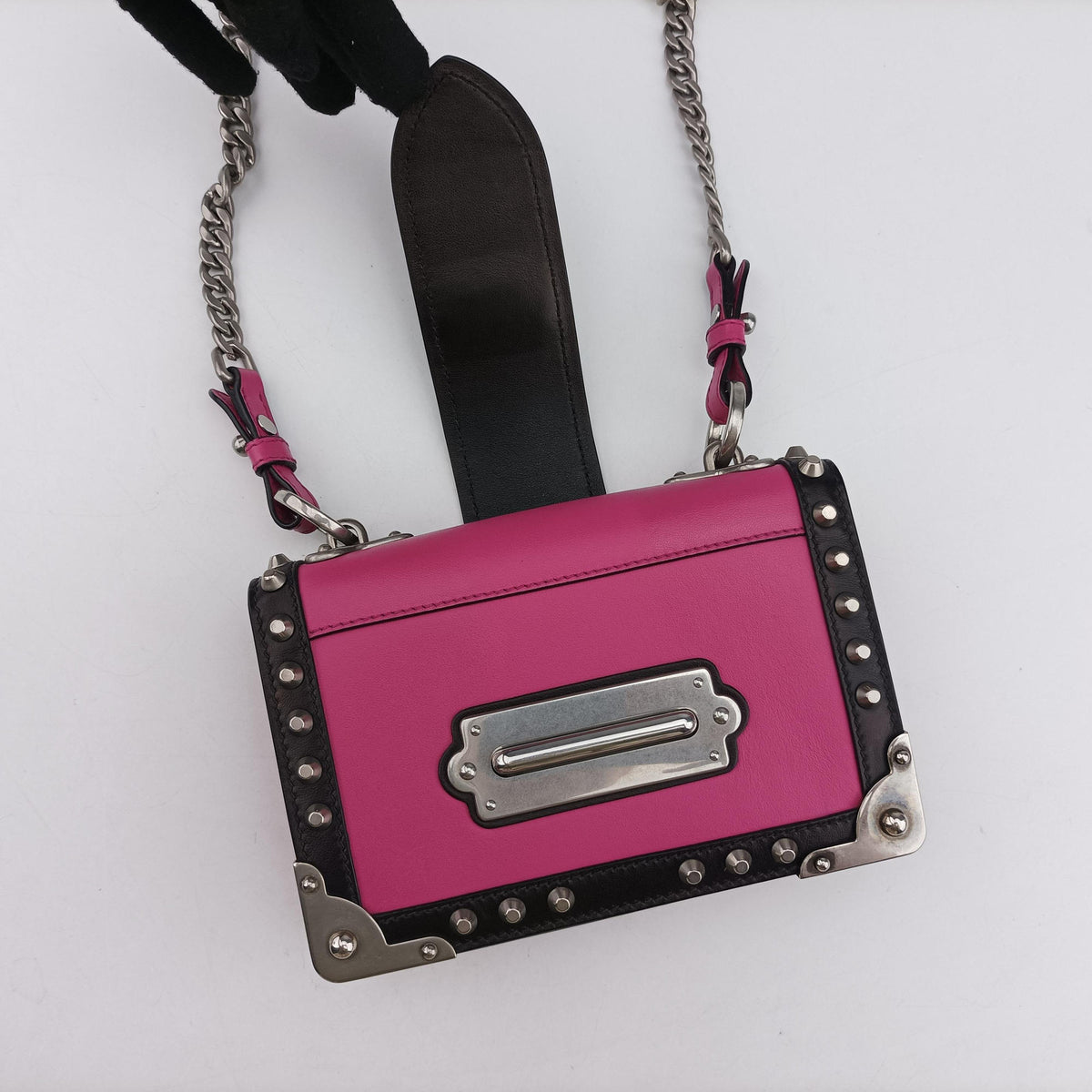 Pre-owned Prada Cahier pink×Black Leather 1BH018 shoulderbag | stylenewstar