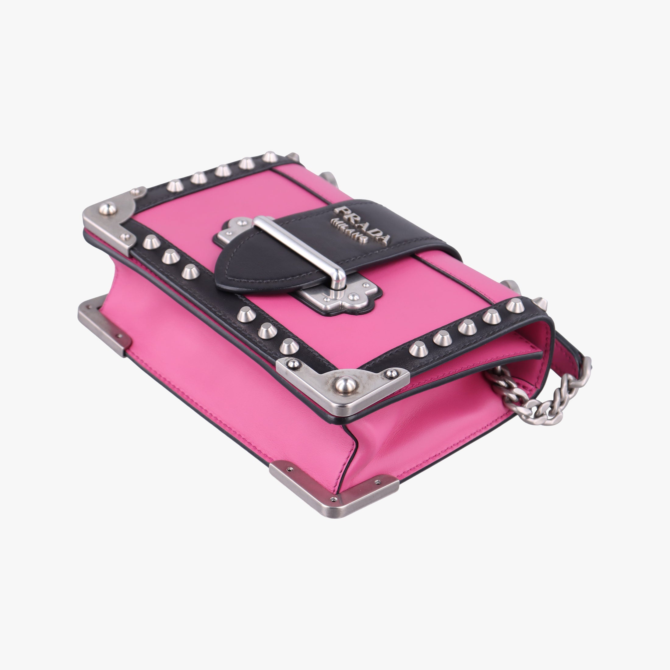 Pre-owned Prada Cahier pink×Black Leather 1BH018 shoulderbag | stylenewstar