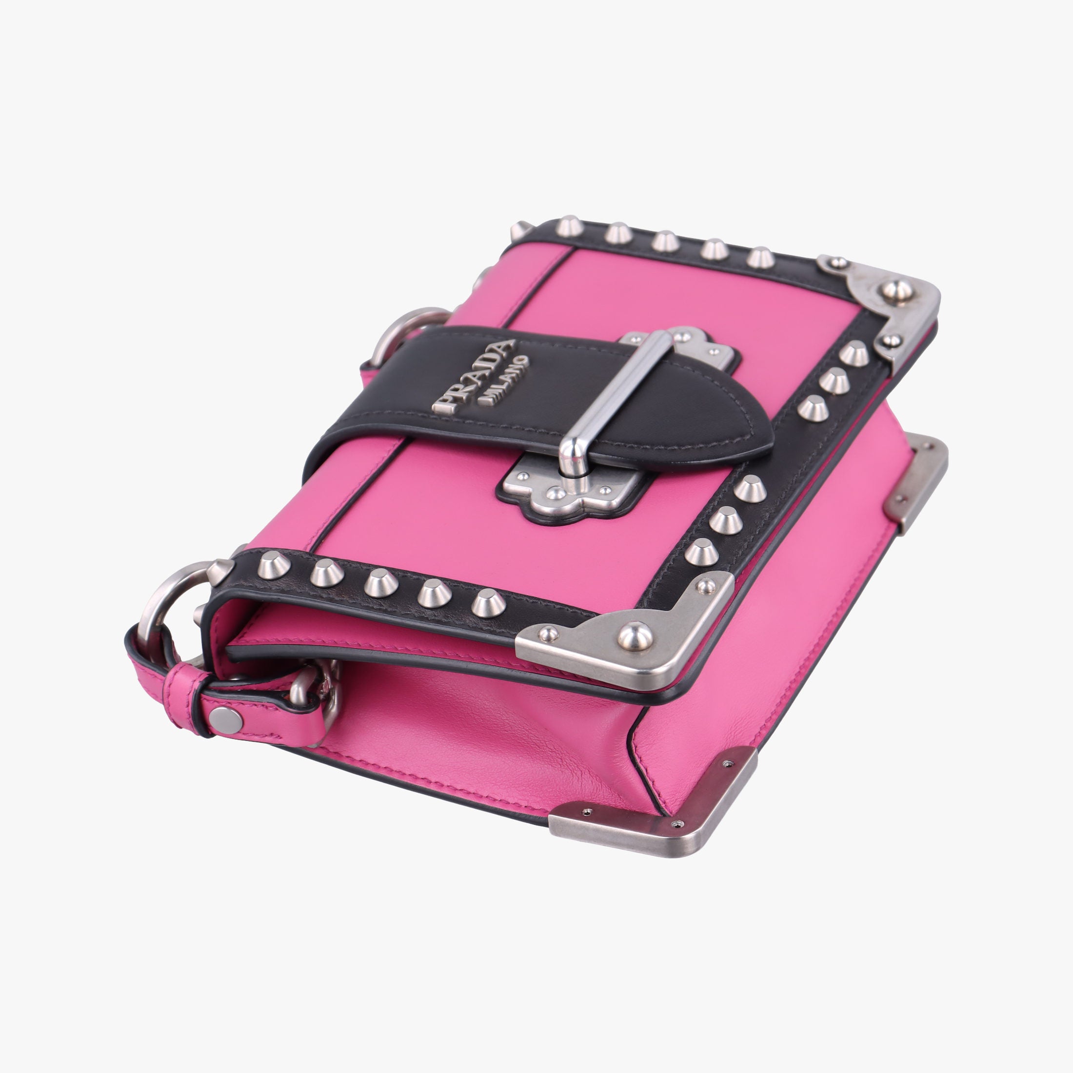 Pre-owned Prada Cahier pink×Black Leather 1BH018 shoulderbag | stylenewstar