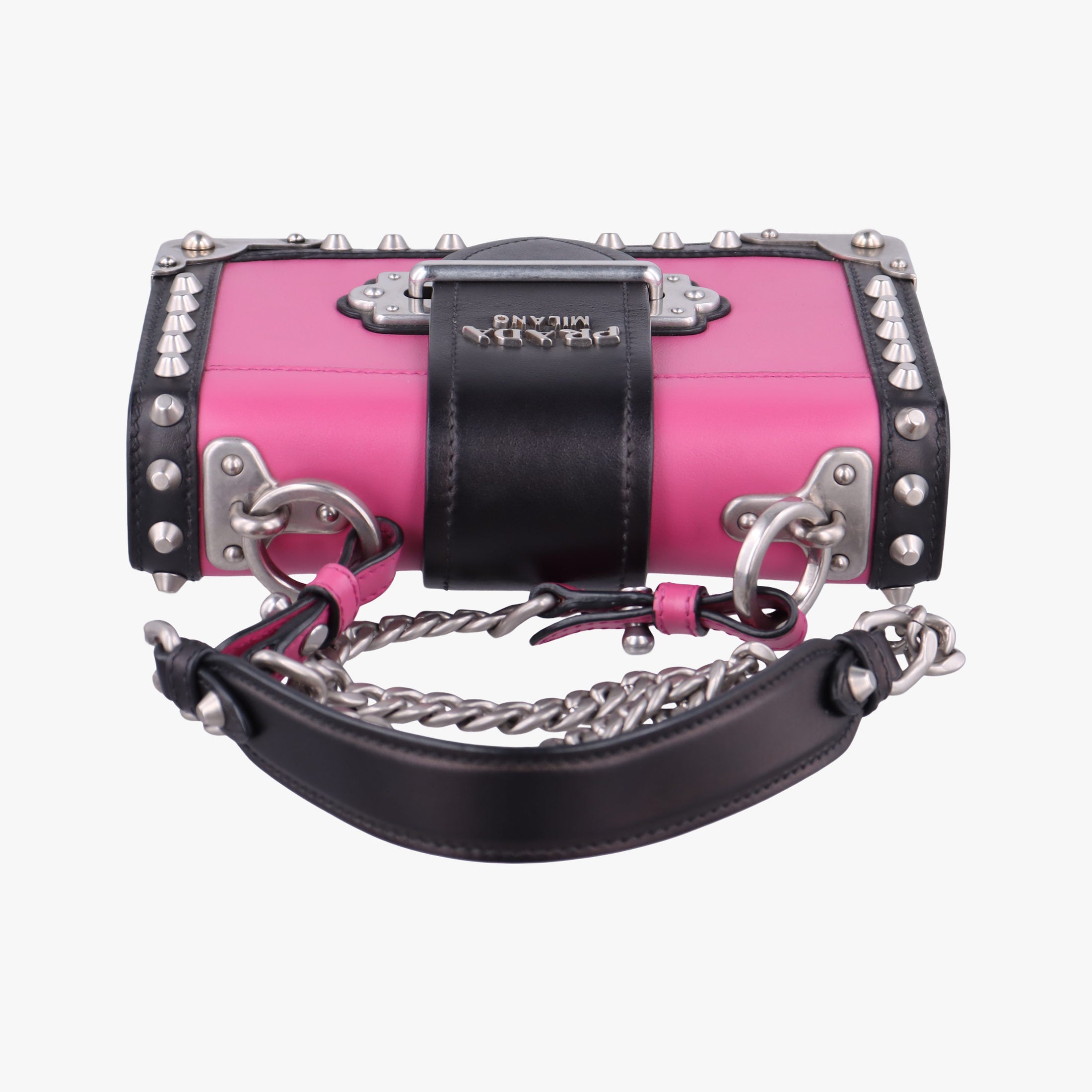 Pre-owned Prada Cahier pink×Black Leather 1BH018 shoulderbag | stylenewstar