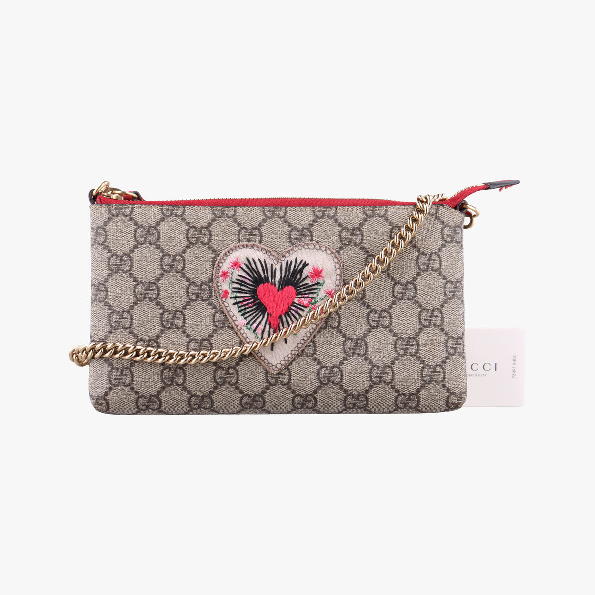 Pre-owned Gucci GG Supreme Heart Chain Pochette Beige×red PVC coated canvas 456866 handbag | stylenewstar