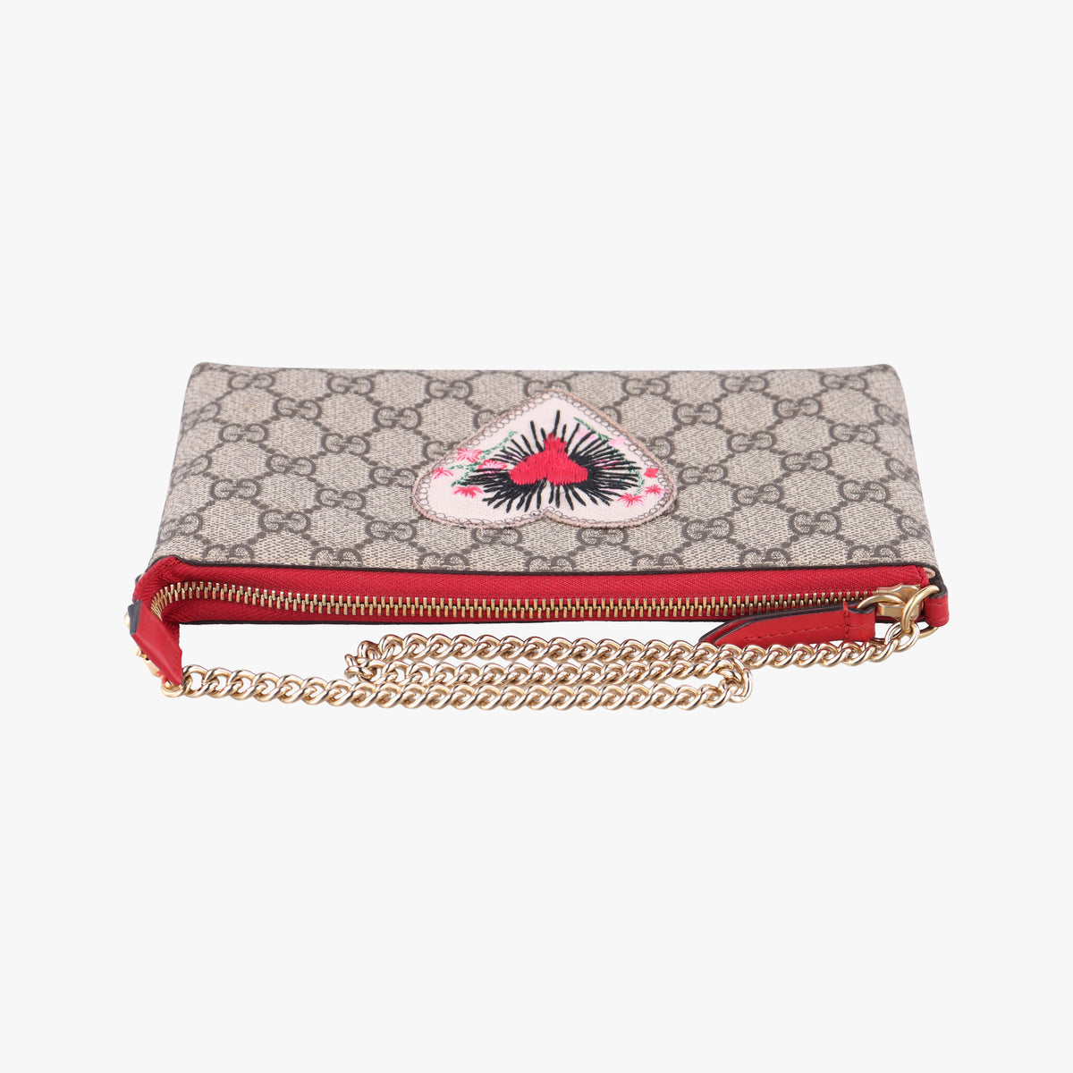 Pre-owned Gucci GG Supreme Heart Chain Pochette Beige×red PVC coated canvas 456866 handbag | stylenewstar