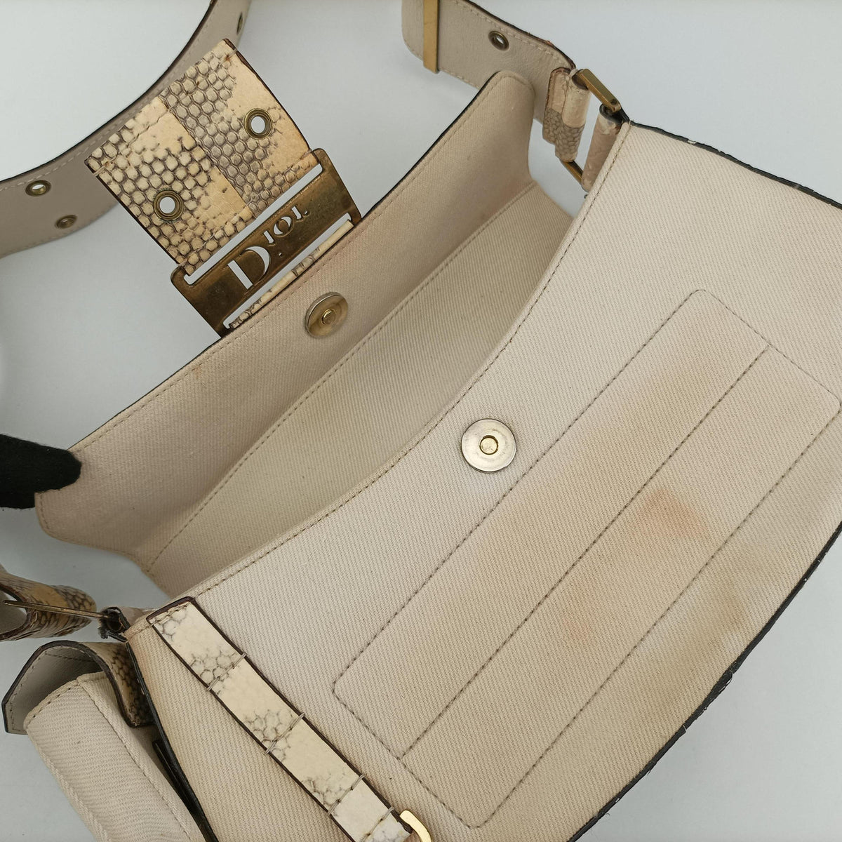 Pre-owned Christian Dior Street Chic Columbus Beige Python×canvas  shoulderbag | stylenewstar