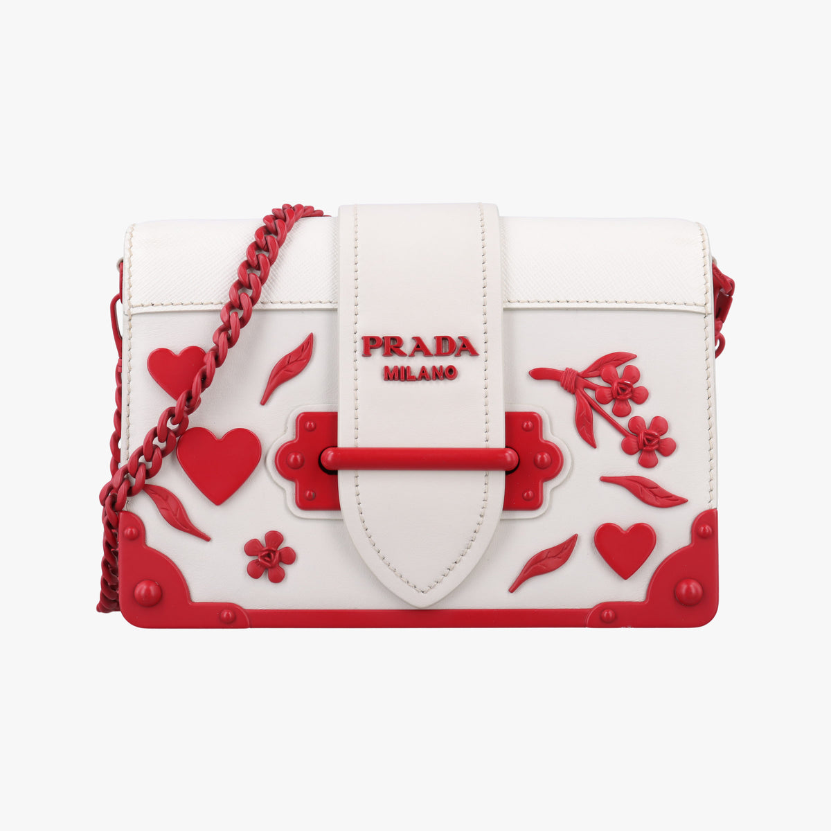 Pre-owned Prada Cahier Heart and Flower White×red leather  shoulderbag | stylenewstar