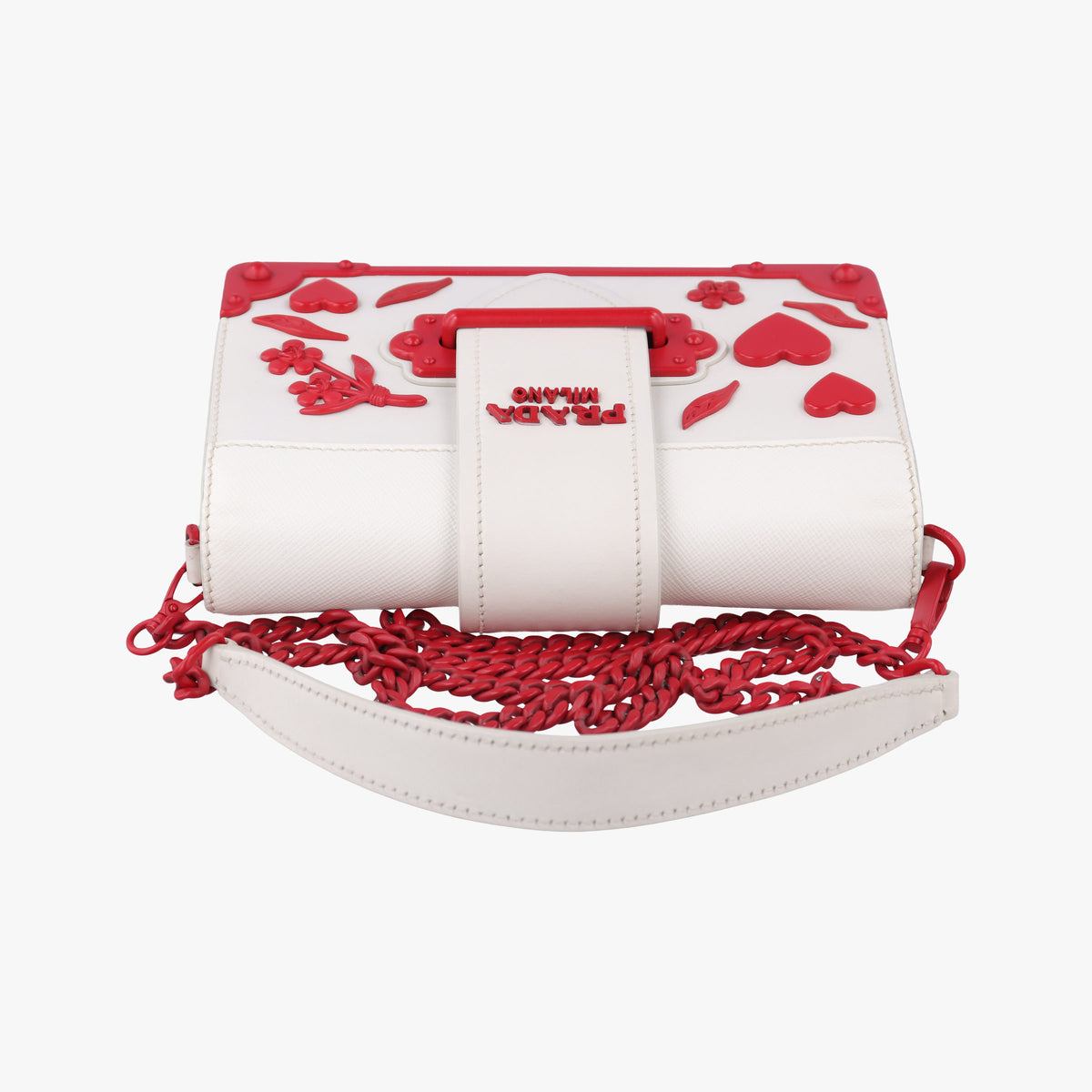 Pre-owned Prada Cahier Heart and Flower White×red leather  shoulderbag | stylenewstar