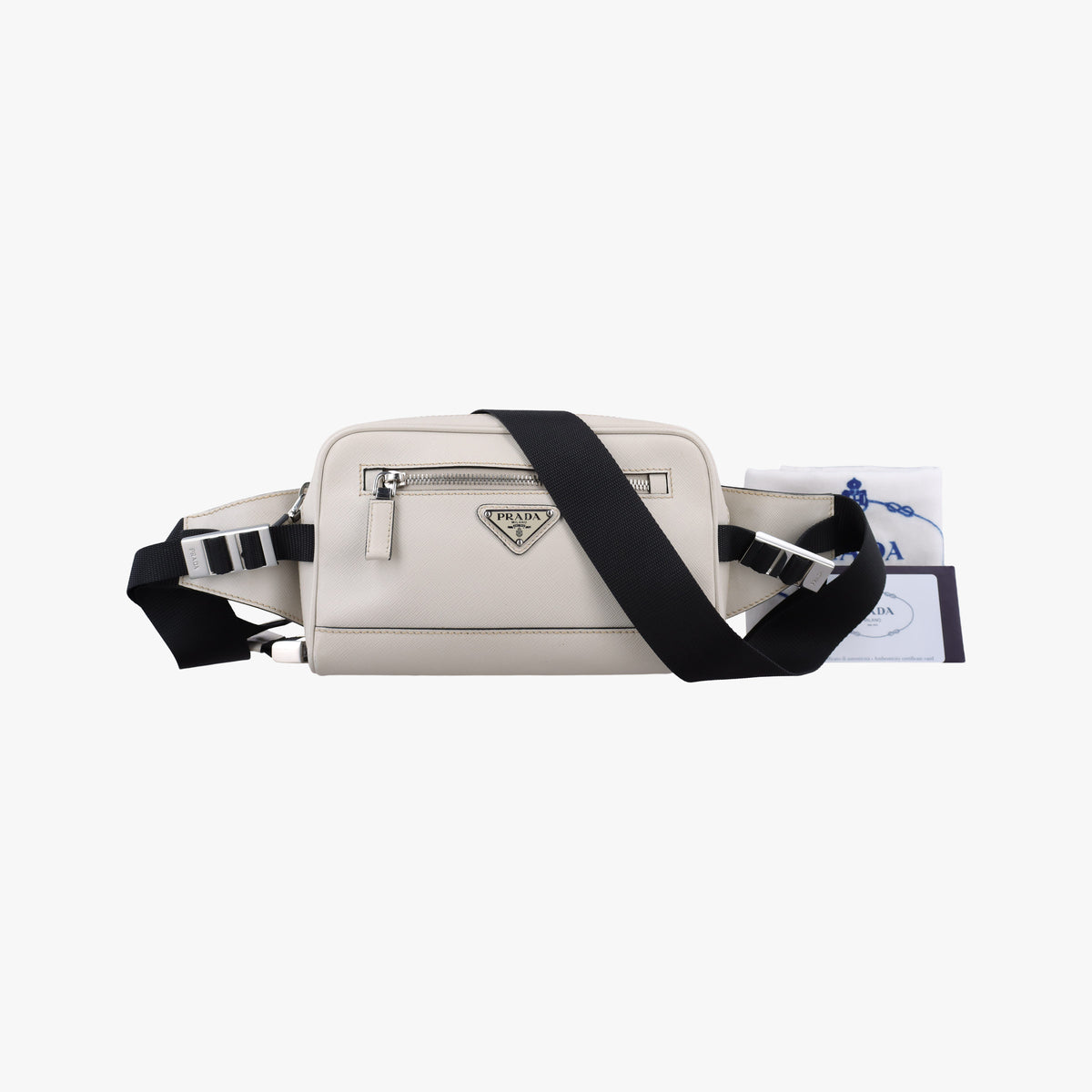 Pre-owned Prada Triangle Logo White Saffiano Leather 2VL012 bum bag/waist bag | stylenewstar