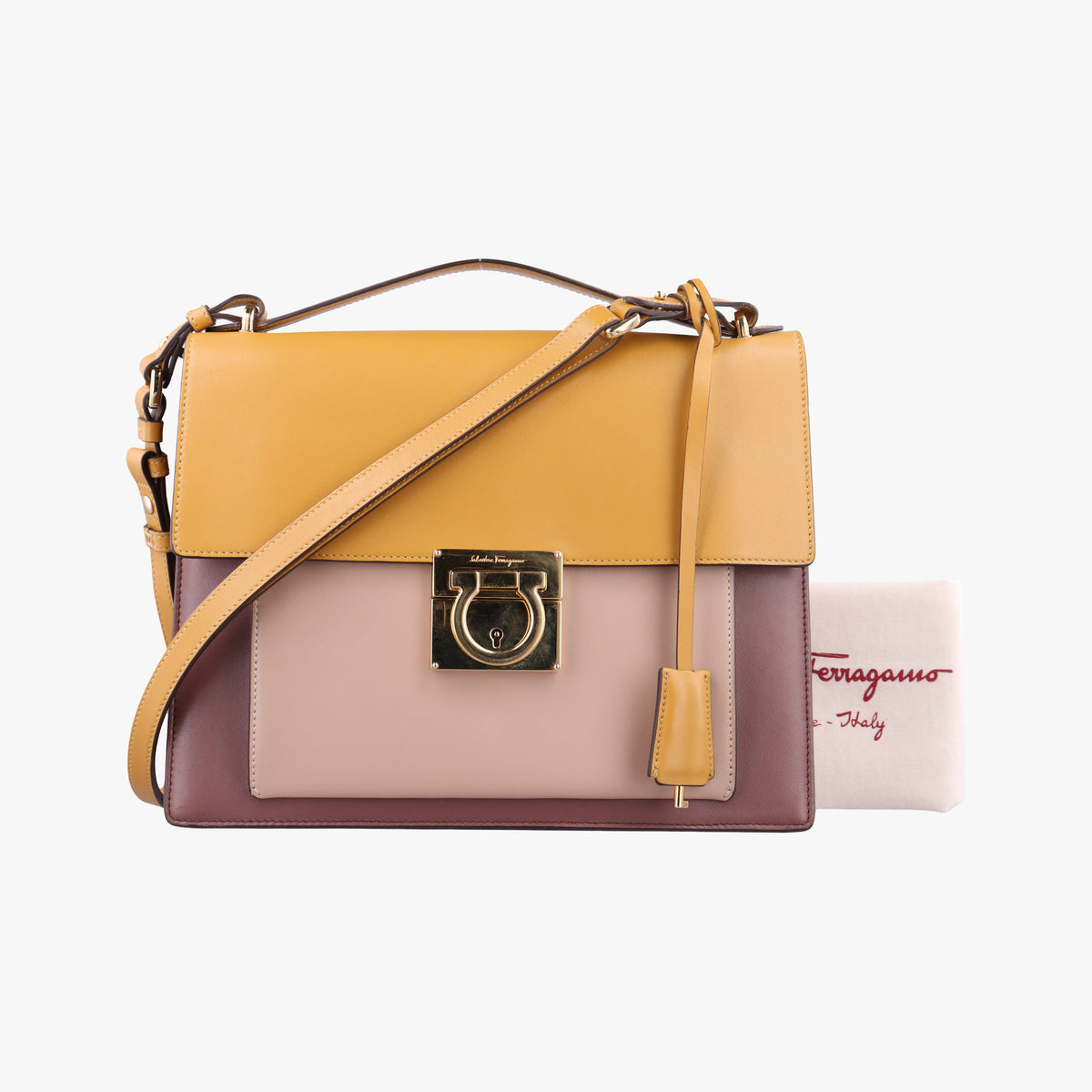 Pre-owned Ferragamo Marisol Brown×Beige ×Yellow Leather  shoulderbag | stylenewstar