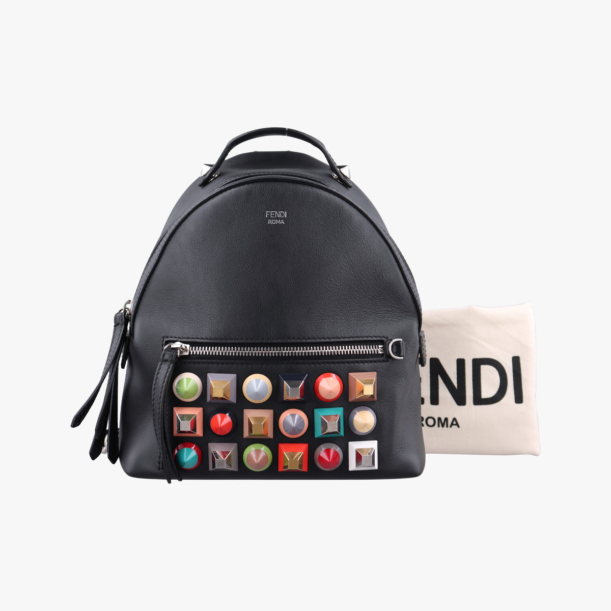 Pre-owned Fendi Multi Studs By the Way Black Leather 8BZ038 backpack/rucksack | stylenewstar