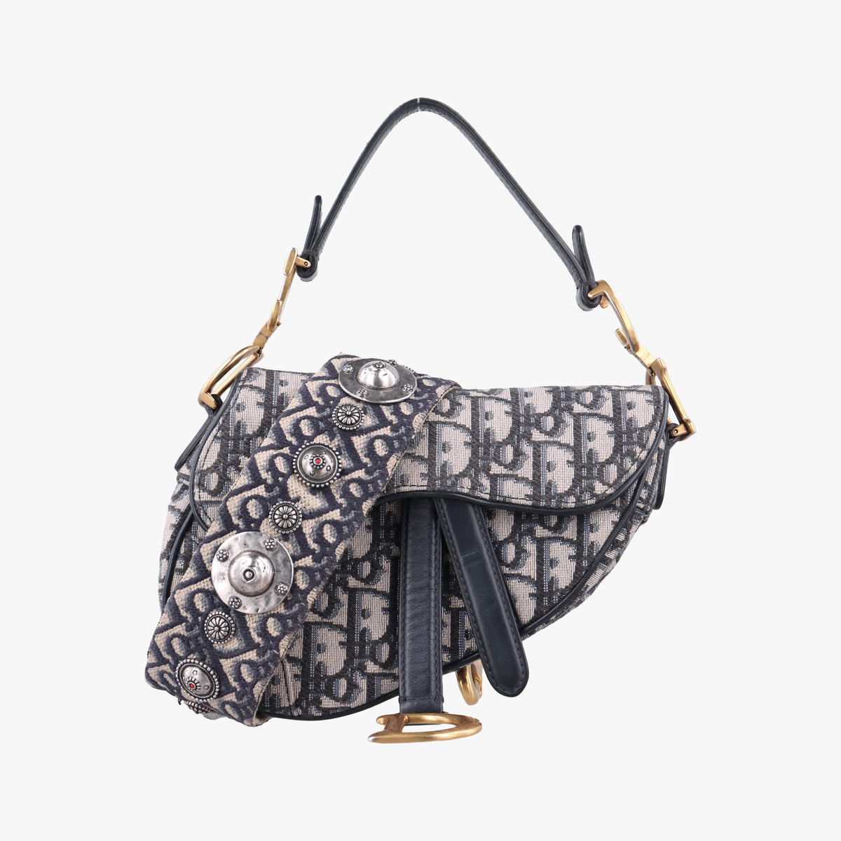 Pre-owned Christian Dior Saddle Navy Jacquard × Leather  shoulderbag | stylenewstar