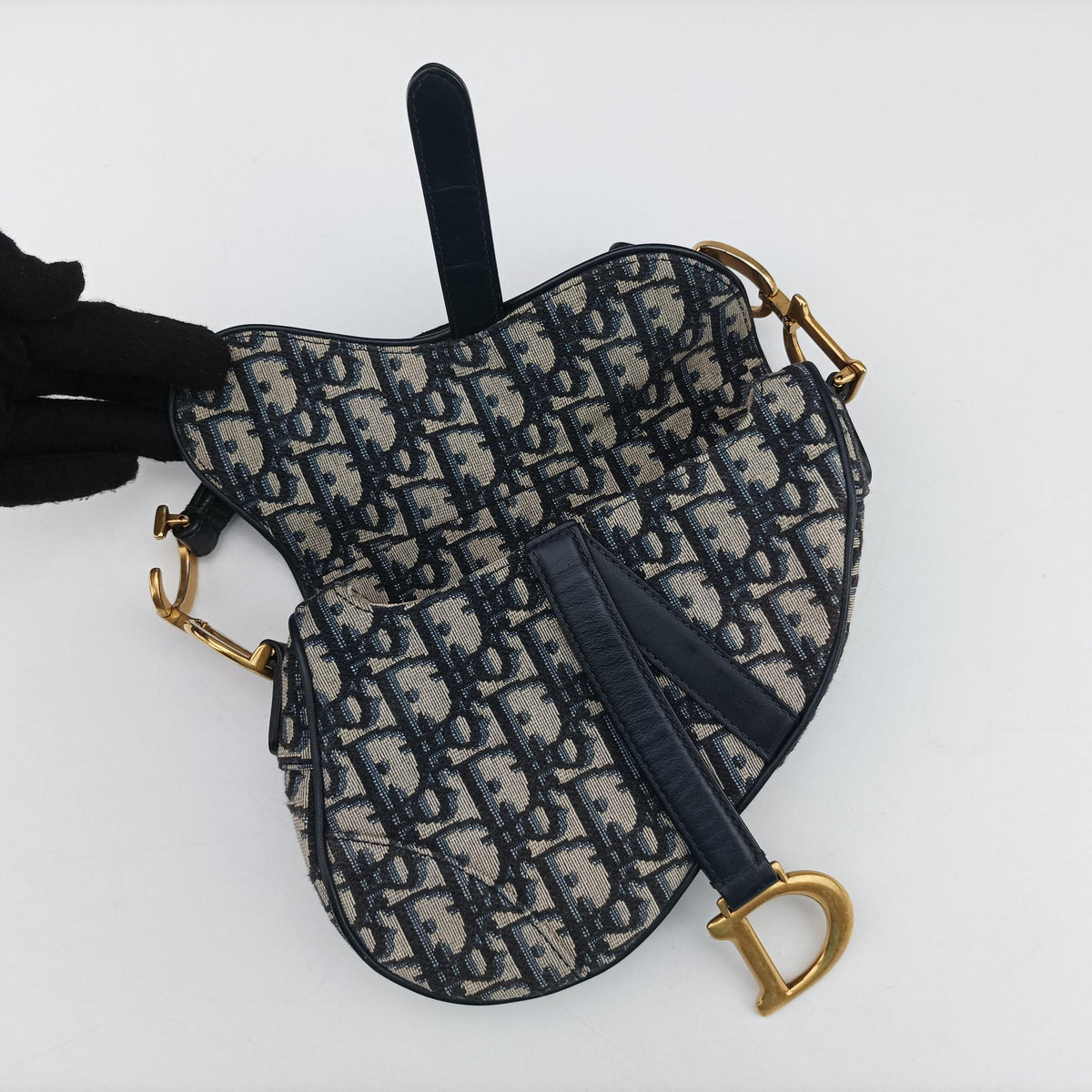 Pre-owned Christian Dior Saddle Navy Jacquard × Leather  shoulderbag | stylenewstar