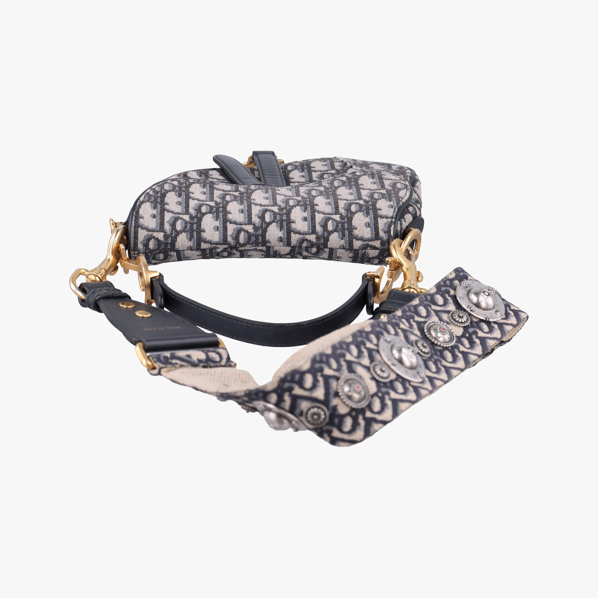 Pre-owned Christian Dior Saddle Navy Jacquard × Leather  shoulderbag | stylenewstar