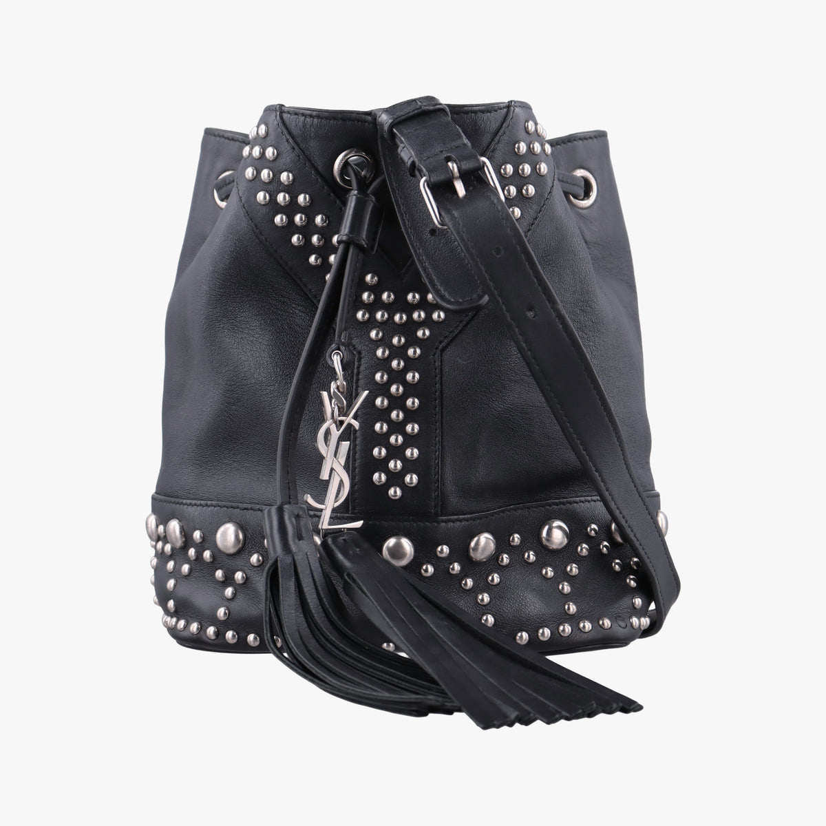 Pre-owned Yves Saint Laurent Y Studded Bucket Black Leather 454072 shoulderbag | stylenewstar