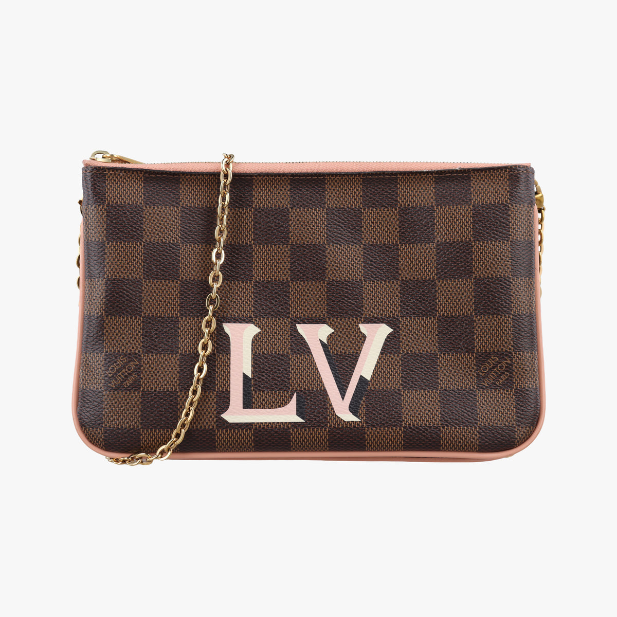 Pre-owned Louis Vuitton Pochette Double Zip EBENE×Rose Ballerine Damier Canvas N60254 shoulderbag | stylenewstar