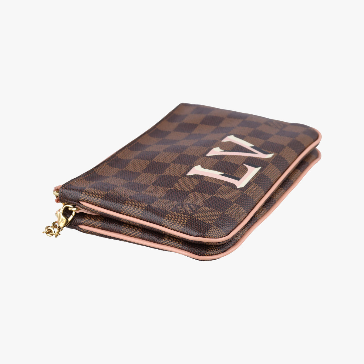 Pre-owned Louis Vuitton Pochette Double Zip EBENE×Rose Ballerine Damier Canvas N60254 shoulderbag | stylenewstar