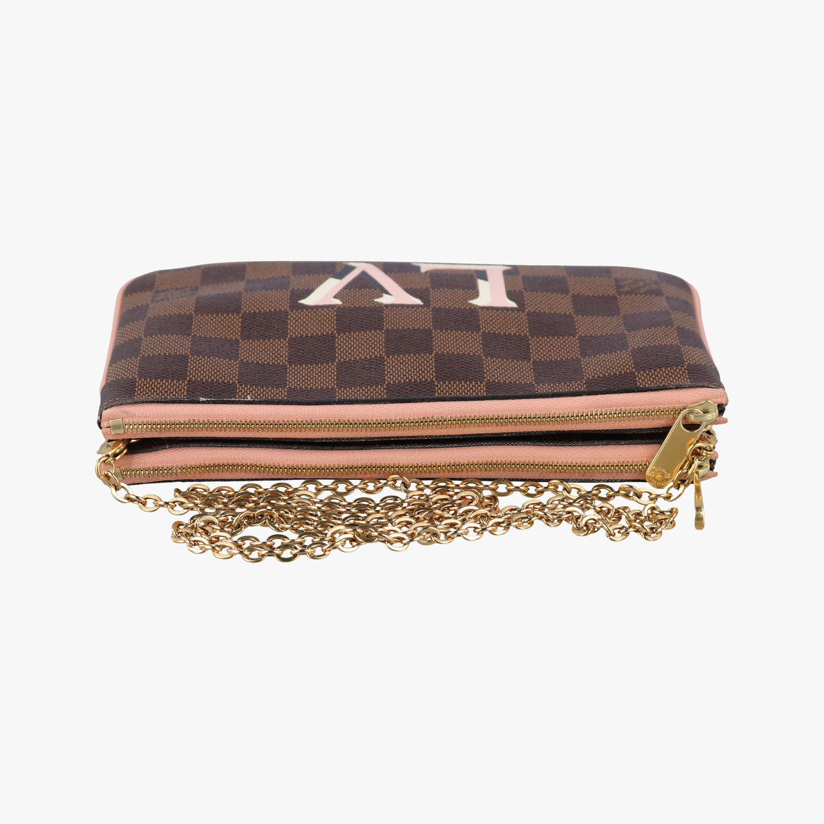 Pre-owned Louis Vuitton Pochette Double Zip EBENE×Rose Ballerine Damier Canvas N60254 shoulderbag | stylenewstar