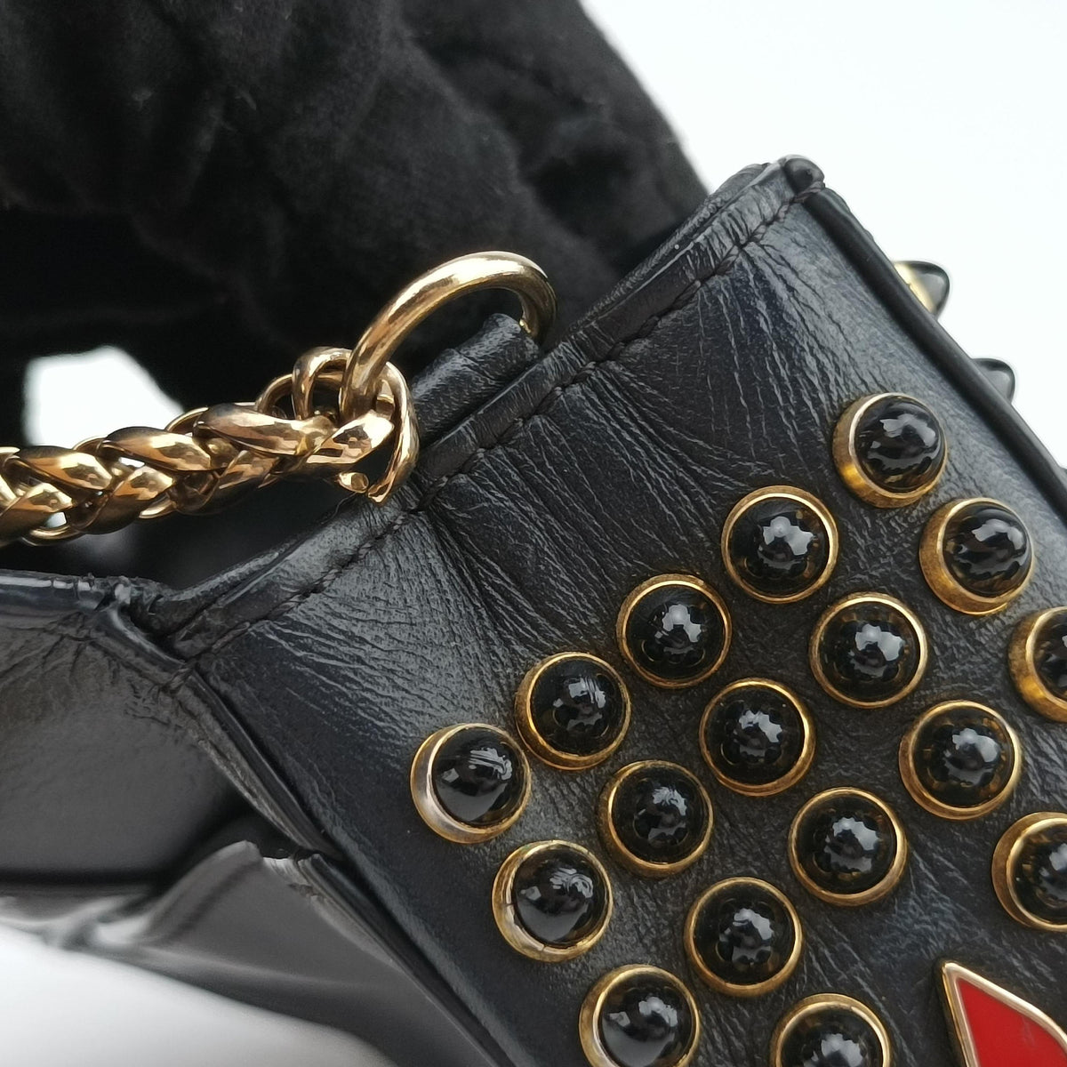 Pre-owned Christian Louboutin Sweet Charity Scarabe Spike Black Leather  shoulderbag | stylenewstar